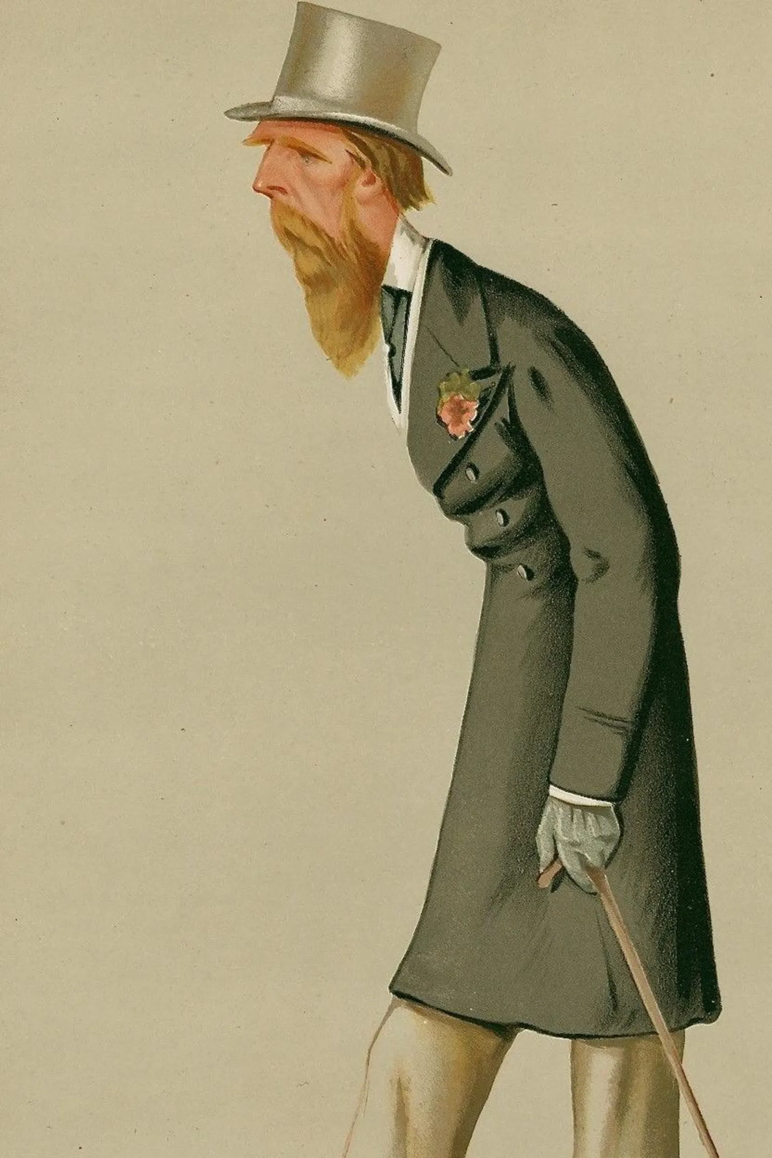 Vanity Fair A cartoon showing a caricature of a tall, thin man dressed in a silver top hat and green, three-quarter-length coat with a pink flower in the button-hole. He has a long, ginger beard and is walking with a stick. 