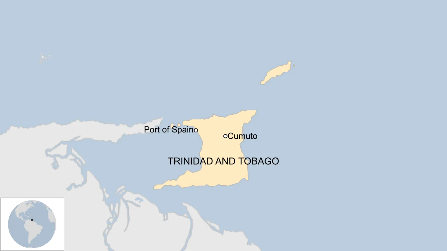 A map of Trinidad and Tobago showing Port of Spain and Cumuto