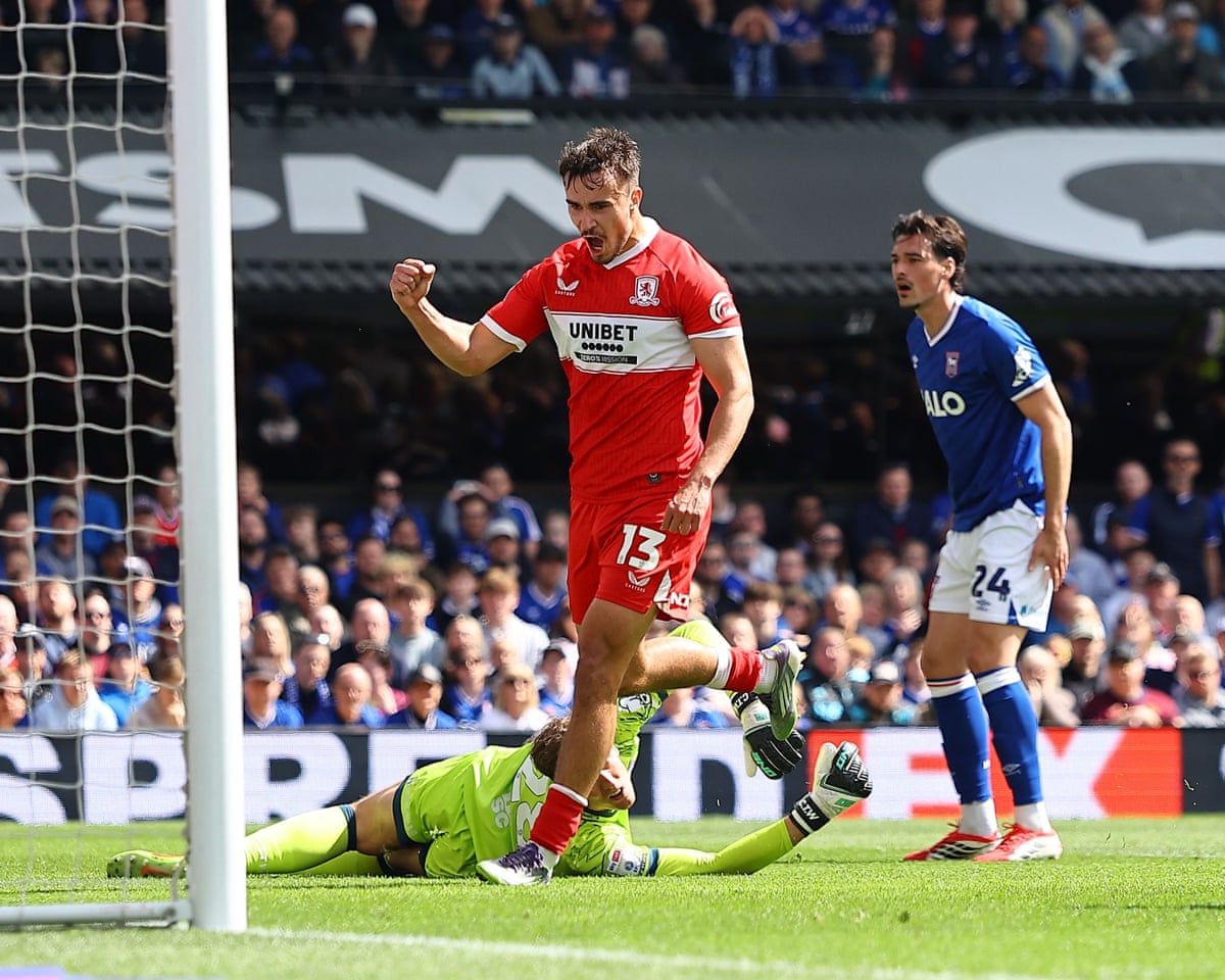 David Strelec celebrates after scoring the opening goal at Portman Road.