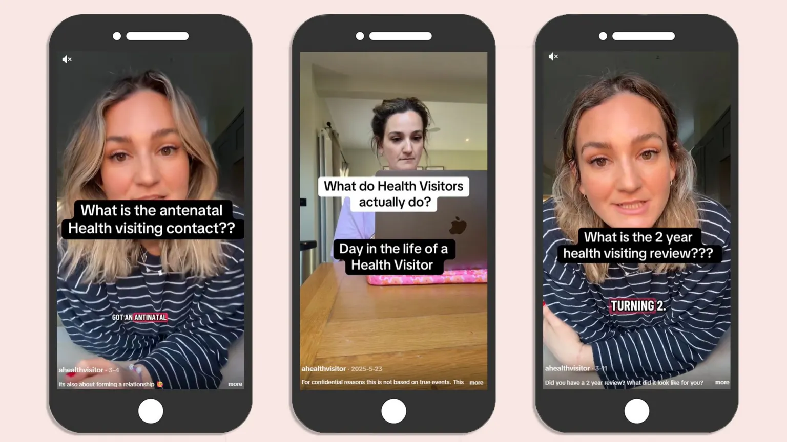 @AHealthVisitor Three screen shots of social media videos are in a row featuring a close up of Ruth and with the titles What is the antenatal Health visiting contact, what do health visitors actually do and What is the two year health visitor review