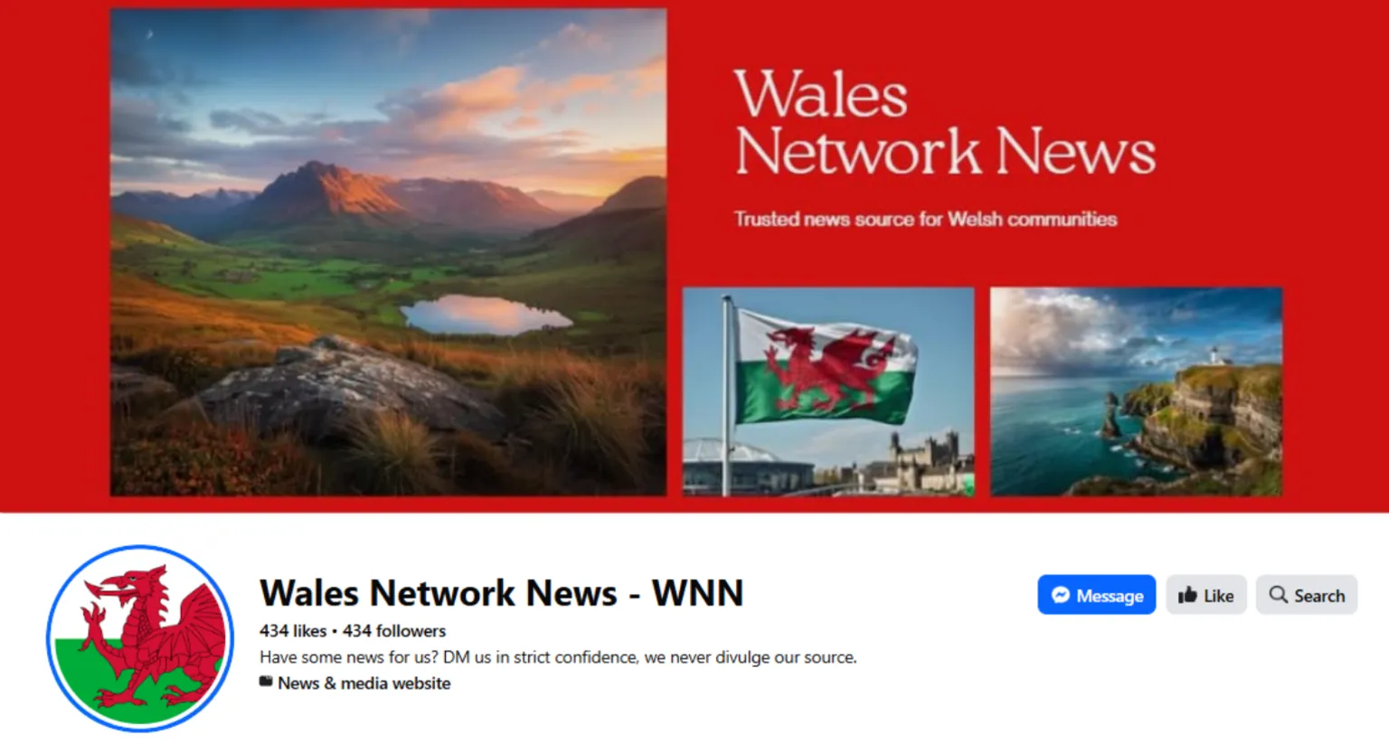 A red social media banner with three pictures of different places in Wales and the words 