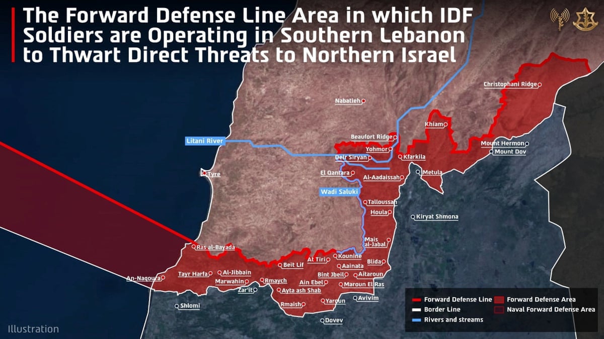 A handout graphic of a map, according to the Israeli military, shows the Forward Defense Line and the area in which they are operating in southern Lebanon.