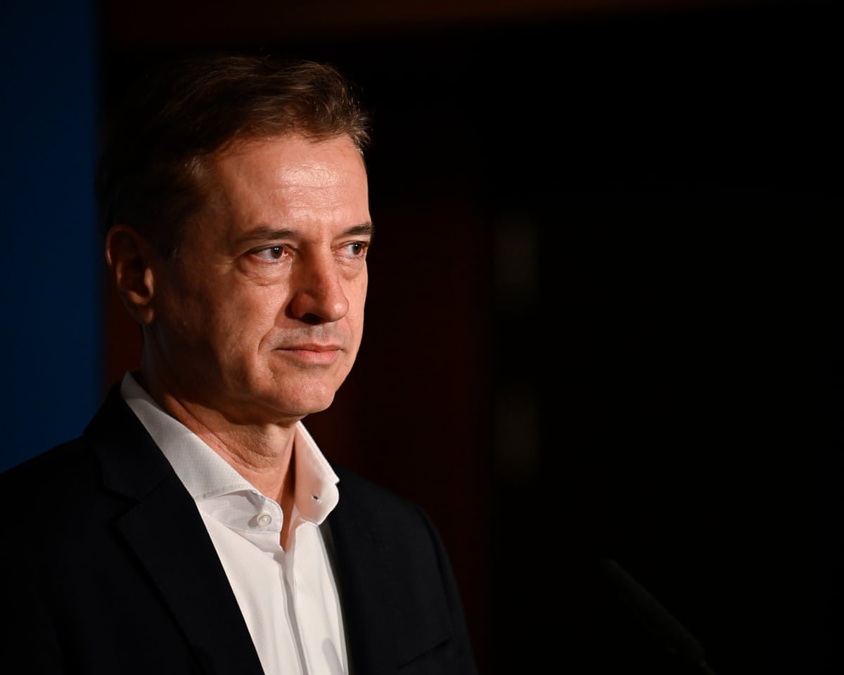 Slovenian prime minister Robert Golob addresses the media at the parlament in Ljubljana, Slovenia.