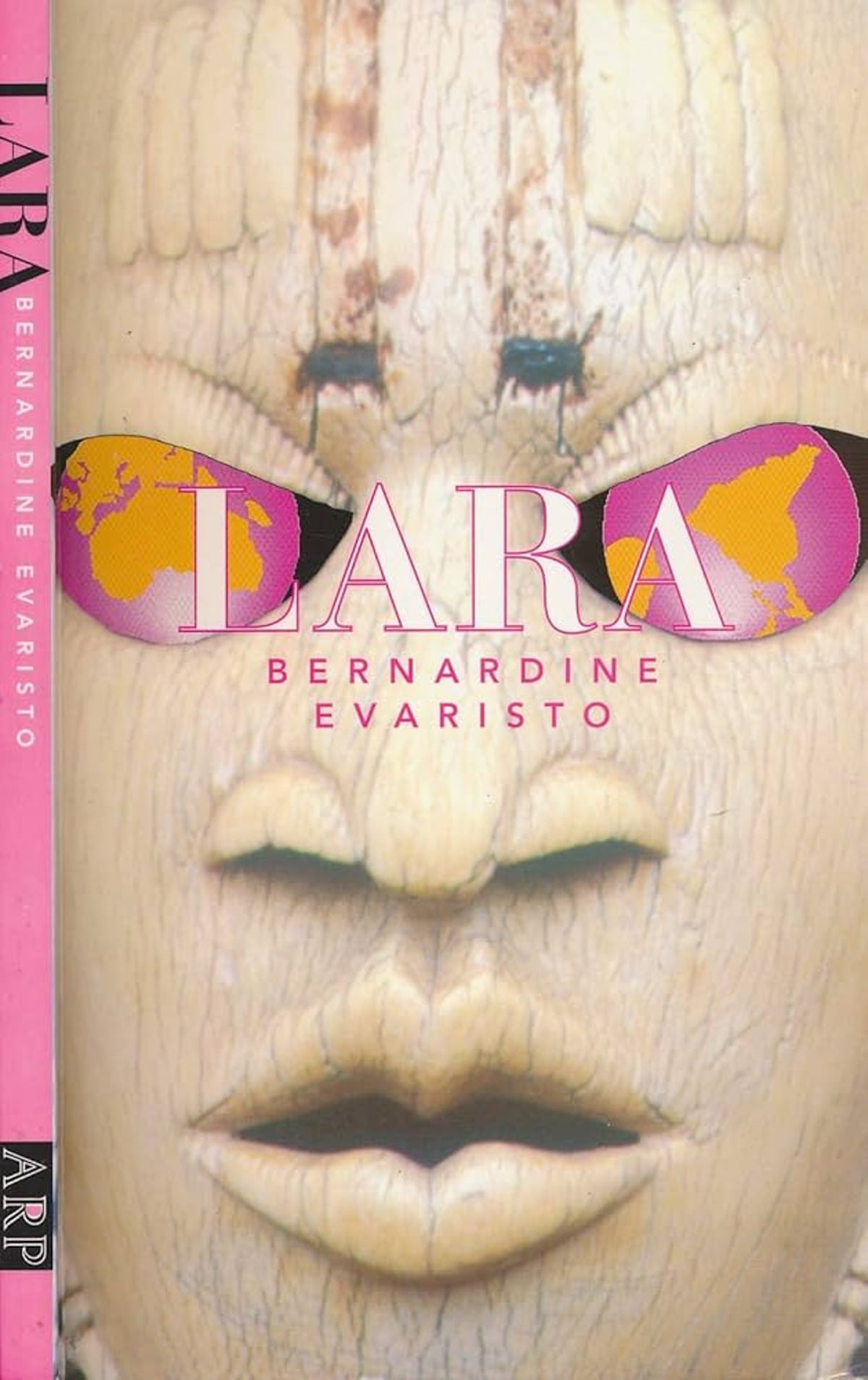 Lara book cover featuring wooden mask wearing sunglasses with reflection of the world map in the lenses