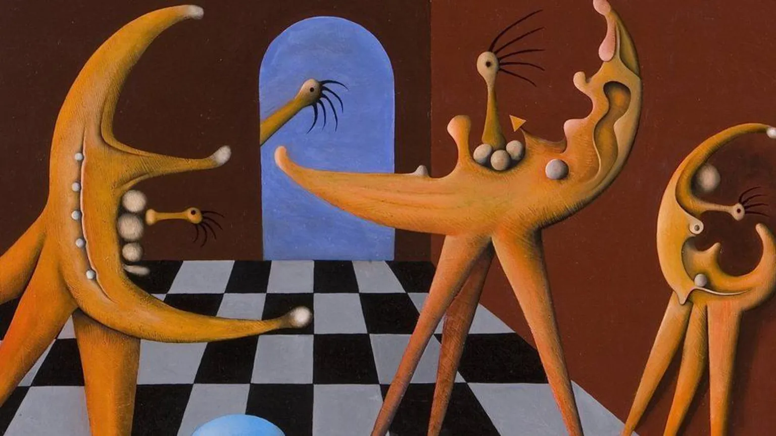  Desmond Morris painting. It is a surrealist landscape of half moons on pointed legs and a checked floor.