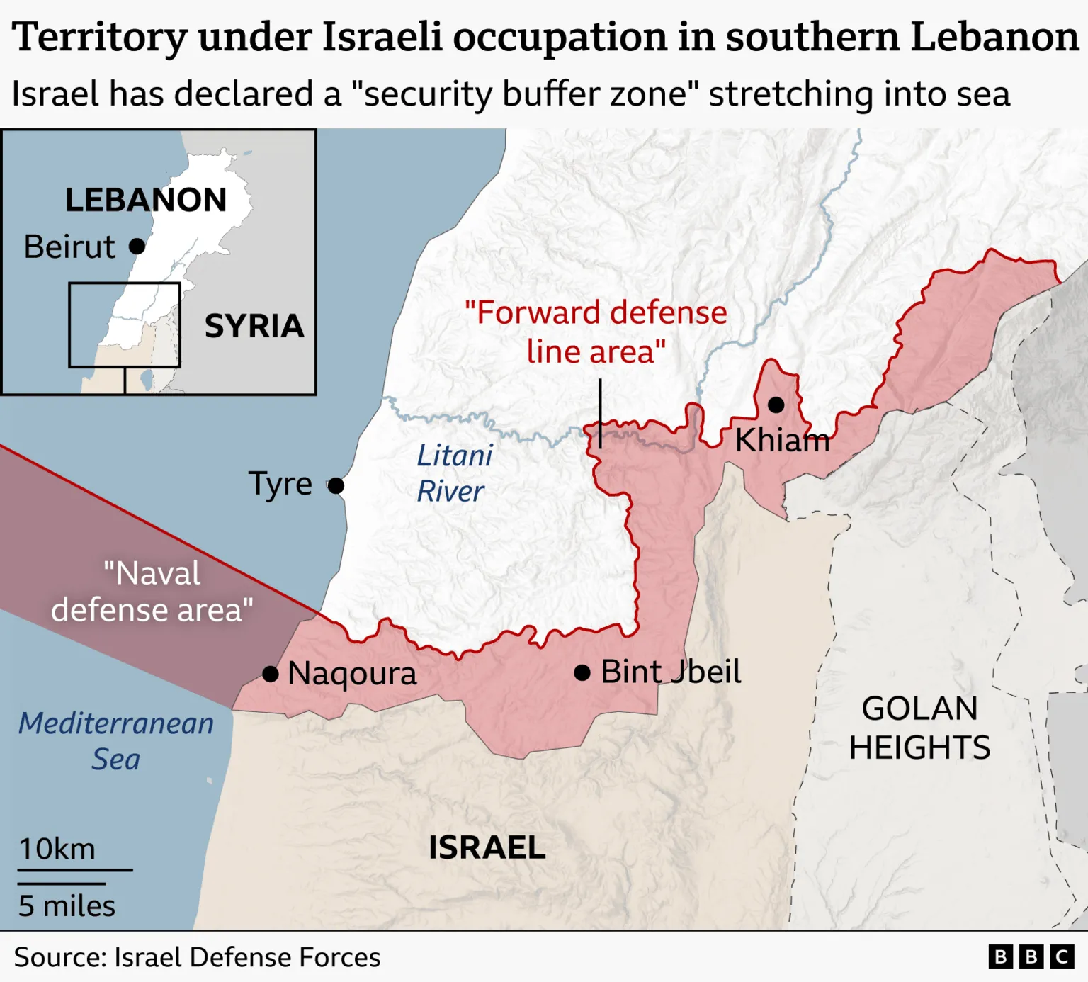 Map showing territory under Israeli occupation in southern Lebanon and Israeli-declared 