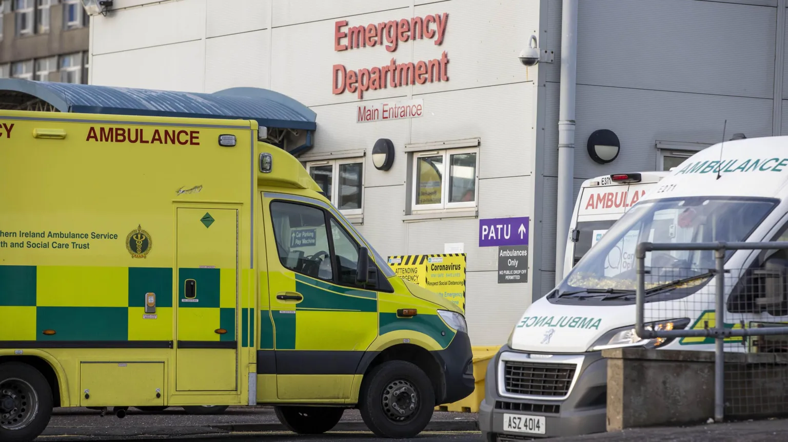Liam McBurney Ambulances parked outside main entrance to the emergency department of Dundonald Hospital in Belfast