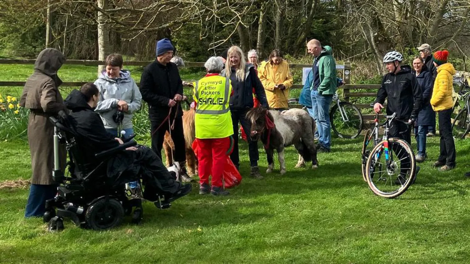 A group of people in hiking gear some on bikes and one wheelchair user, a dog and two small ponies on a green field beside a wooden fence with a stile and a trail sign 