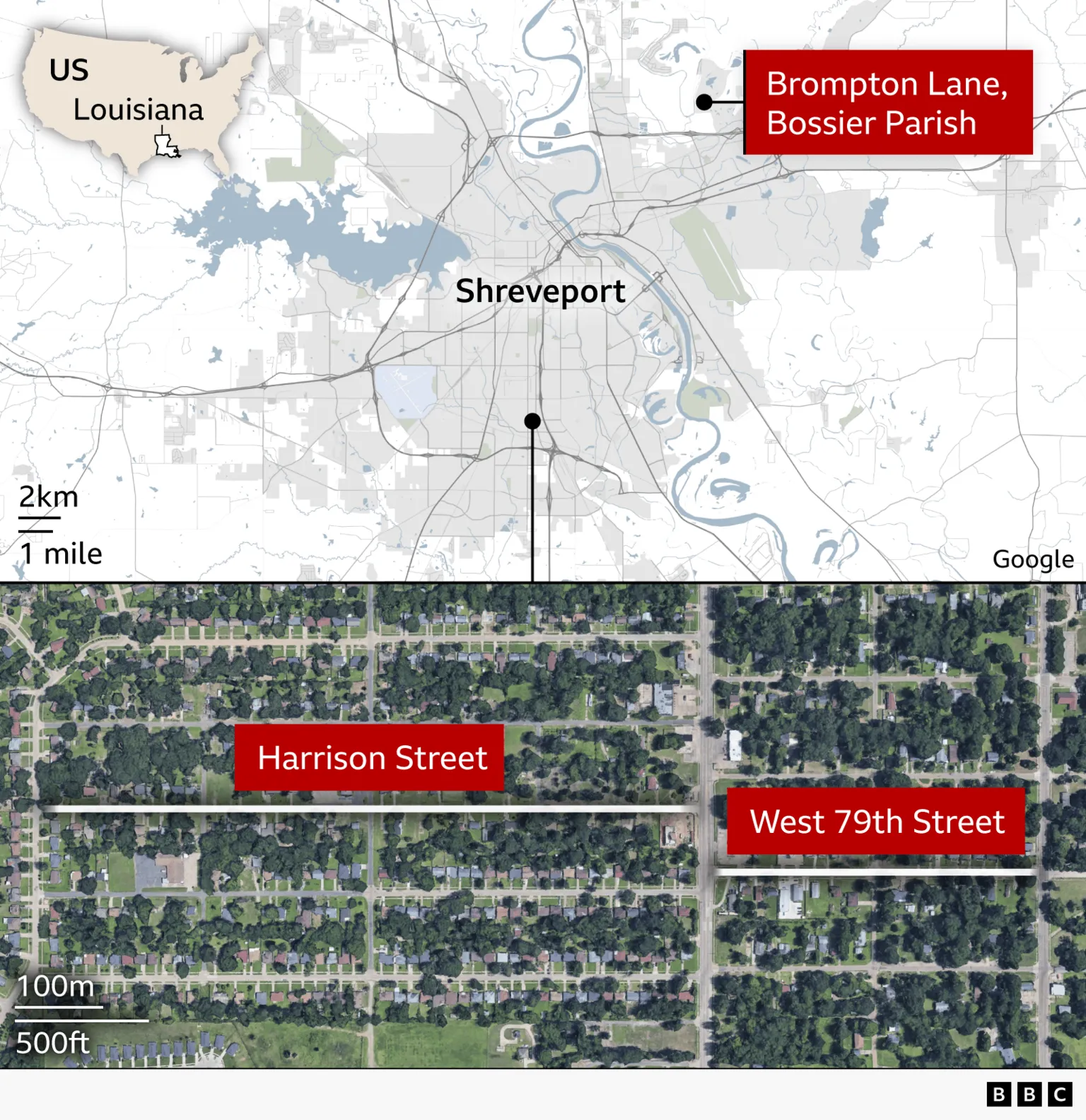 Split graphic with two maps of the Shreveport area, Louisiana, US. The top map locates Brompton Lane in Bossier Parish relative to central Shreveport. The bottom satellite image highlights Harrison Street and a site at the 300 block of West 79th Street in a residential neighbourhood