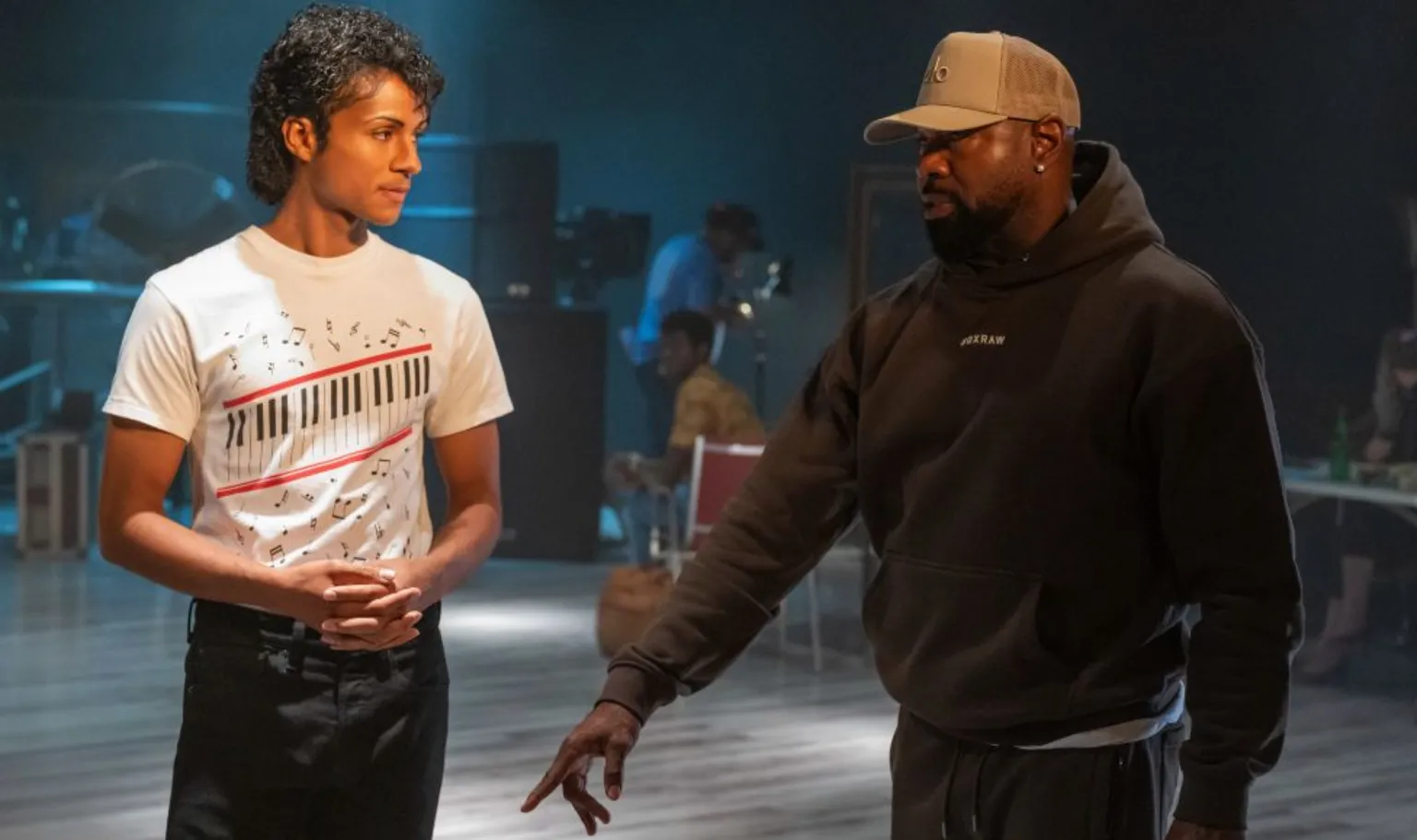 Universal Actor Jaafar Jackson with director Antoine Fuqua on the set of musical biopic Michael