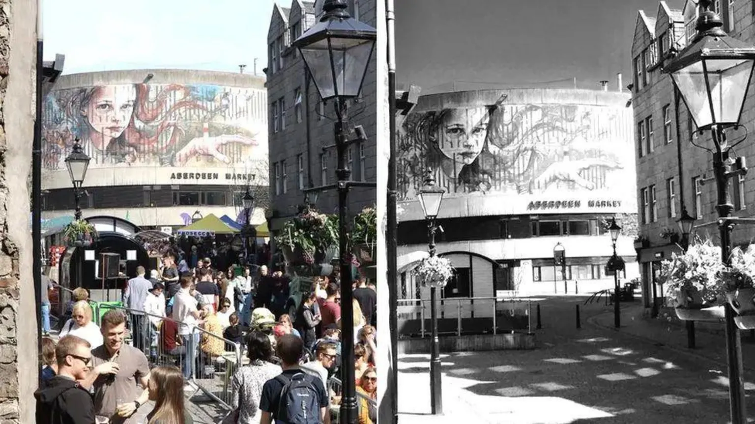 A split image of lots of people at a street art festival, compared to an empty street during Covid lockdown.