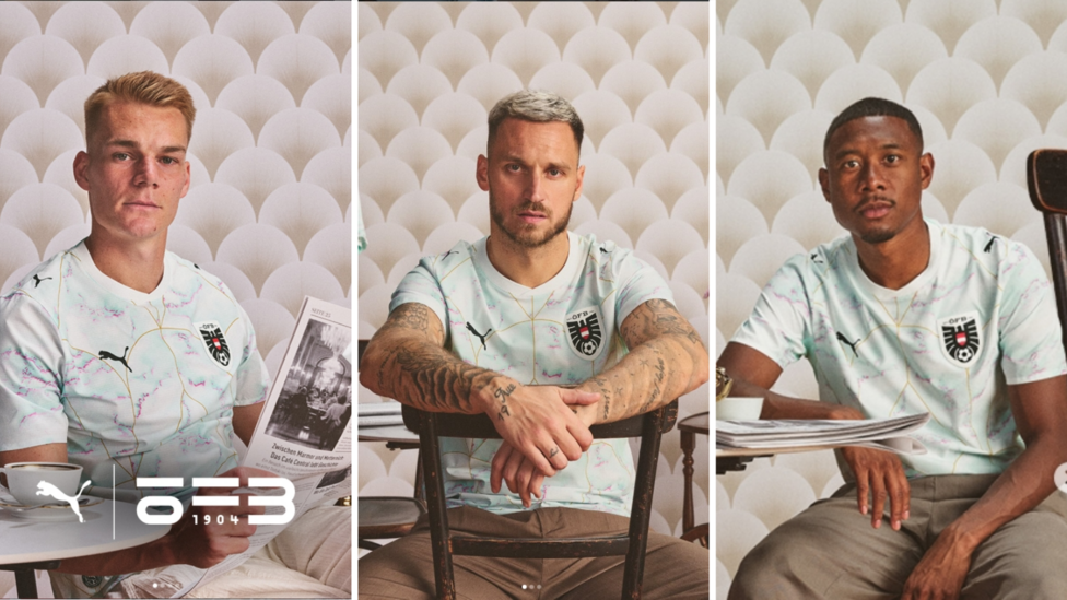 Philipp Lienhart (left) Marko Arnautovic (middle), David Alaba (right) wear 2026 Austria away shirt.