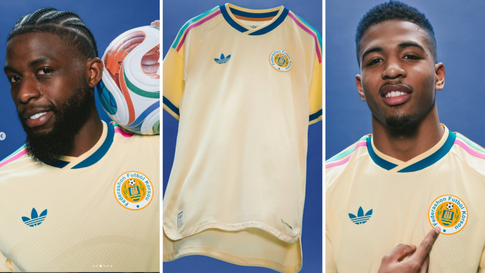 Sherel Floranus (left) and Shurandy Ruggerio Sambo (right) wear 2026 Curacao away shirt.