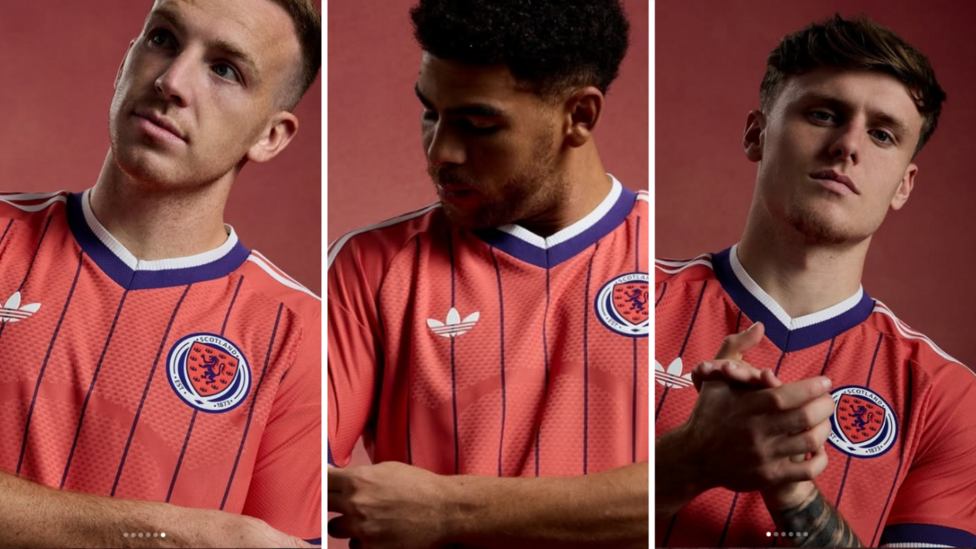 Lewis Ferguson (left), Che Adams (middle) and Ben Doak (right) wear 2026 Scotland away shirt.
