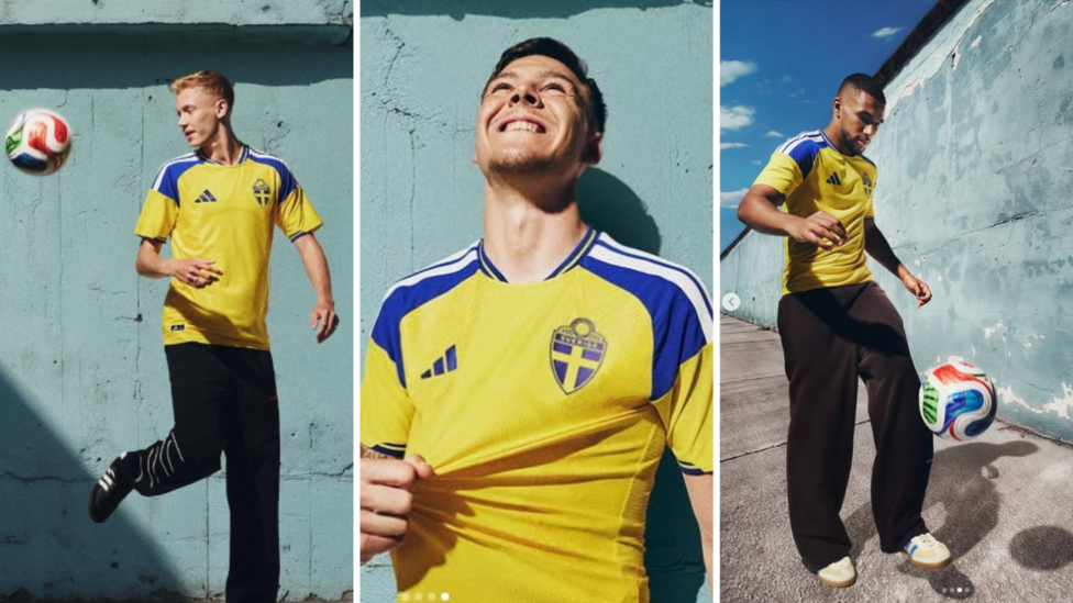Hugo Larsson (left), Emil Holm (middle) and Isak Hien (right) wear 2026 Sweden home shirt.