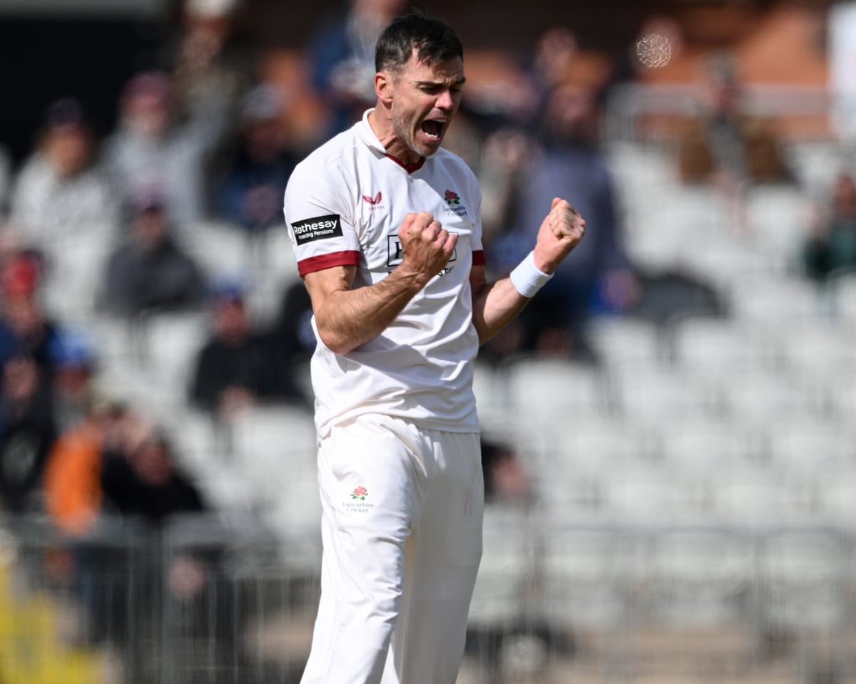 James Anderson celebrates dismissing Ben Aitchison during the County Championship Division Two match between Lancashire and Derbyshire