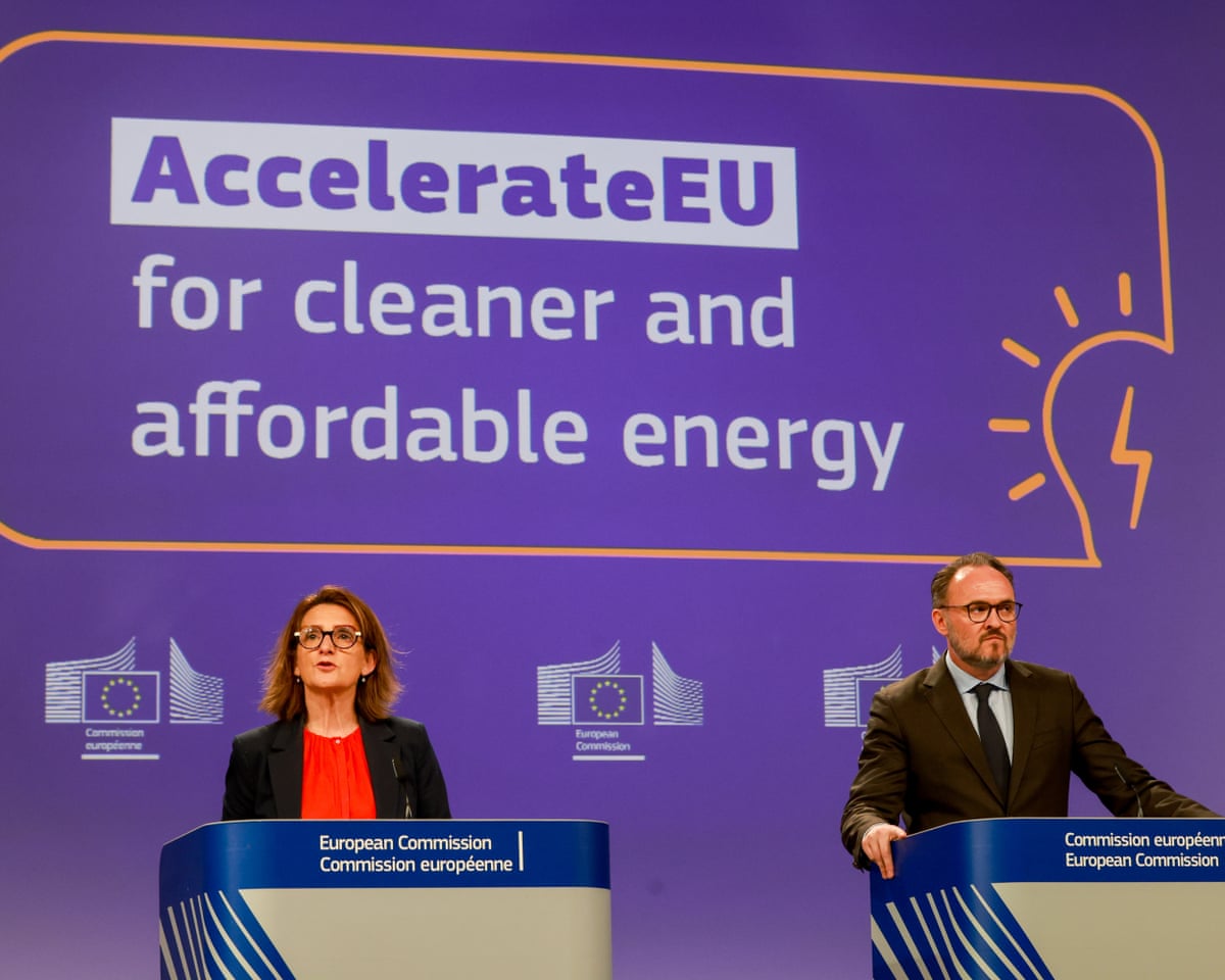 Teresa Ribera (L) and Dan Jorgensen (R) hold a news conference on energy during the European Commission College meeting at the Berlaymont headquarters in Brussels, Belgium.