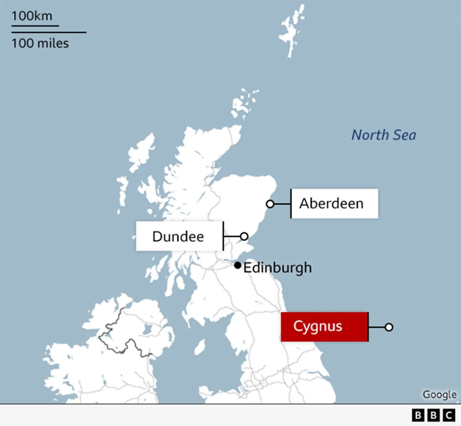 Map showing Aberdeen, Dundee, Edinburgh and the Cygnus field in the North Sea.
