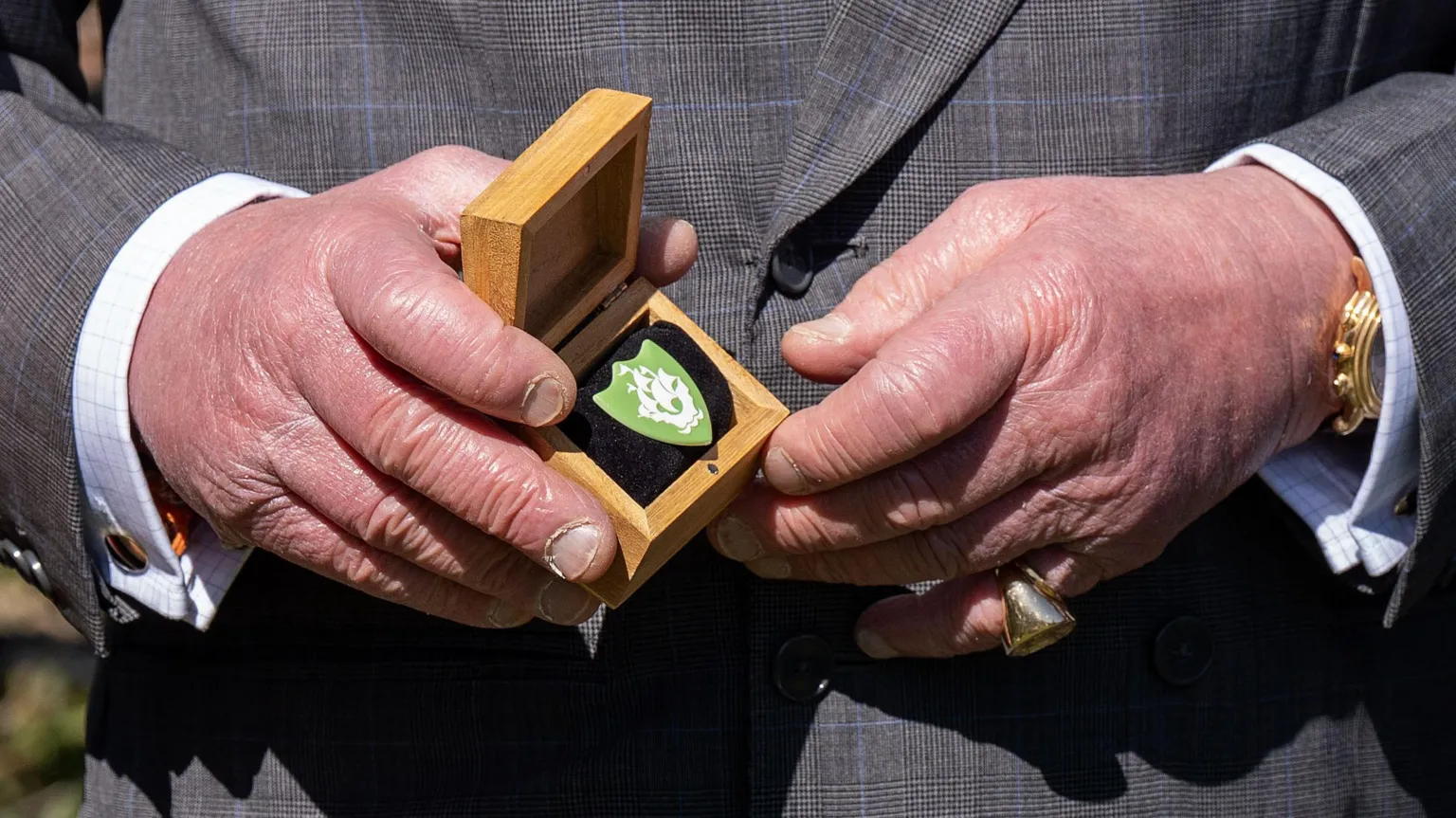  A close-up photo of the King's hands, holding a small box with a green badge inside.