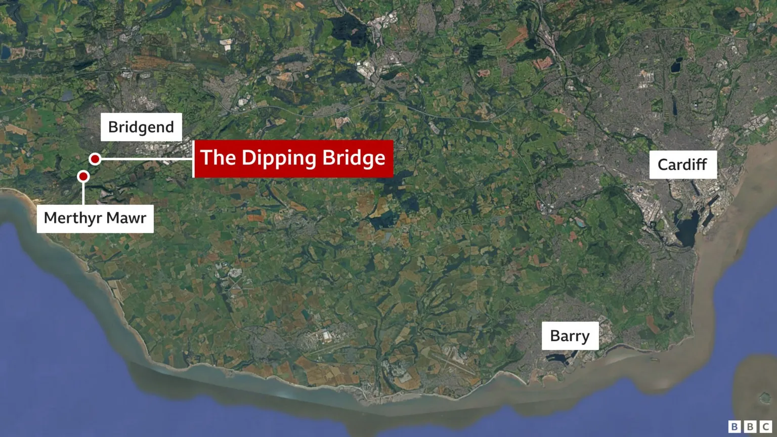 A map of south Wales highlighting Bridgend and the location The Dipping Bridge