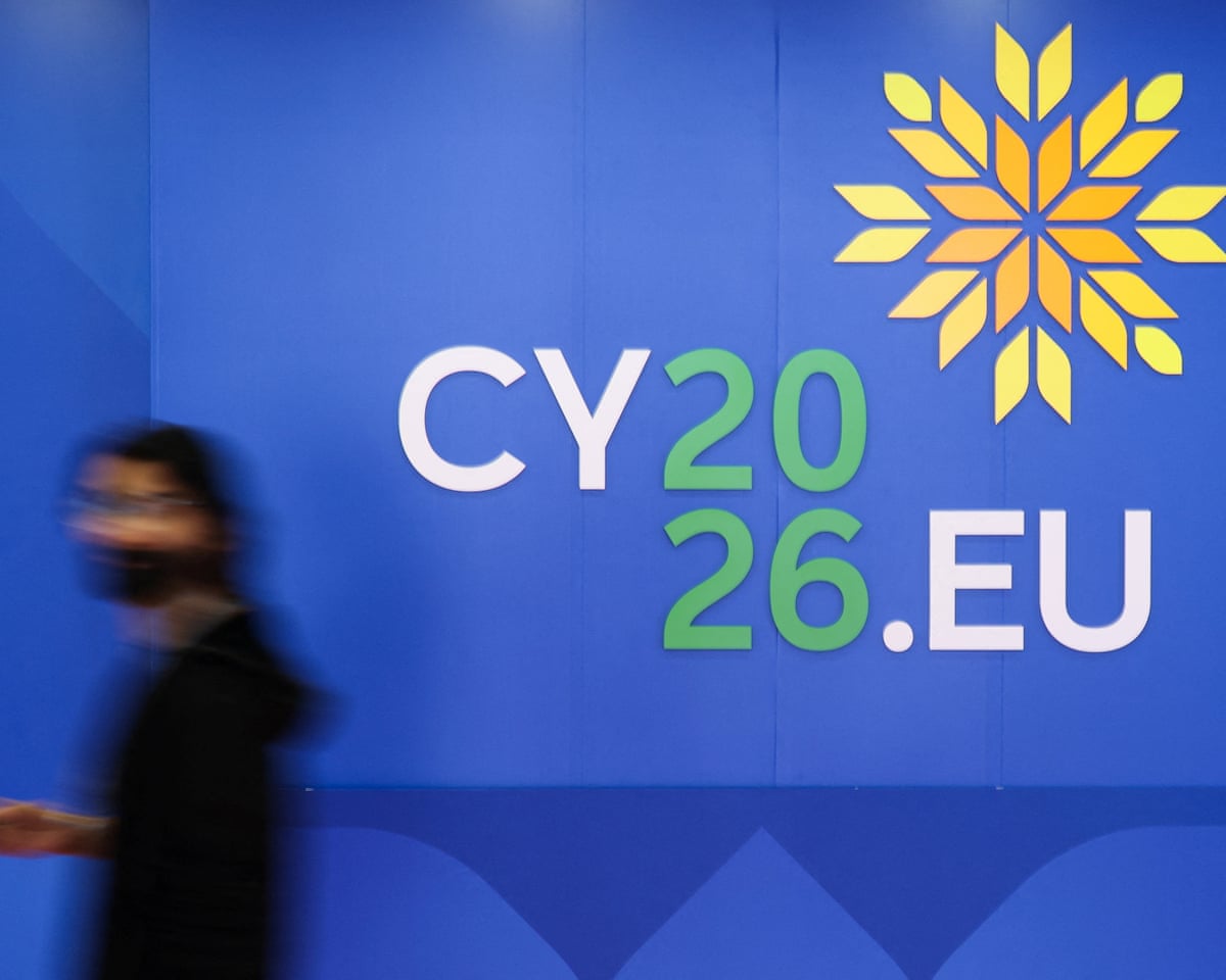 A person walks past a logo of the Cyprus Presidency of the Council of the European Union 2026 ahead of a summit of the European Union leaders and regional partners in Nicosia.