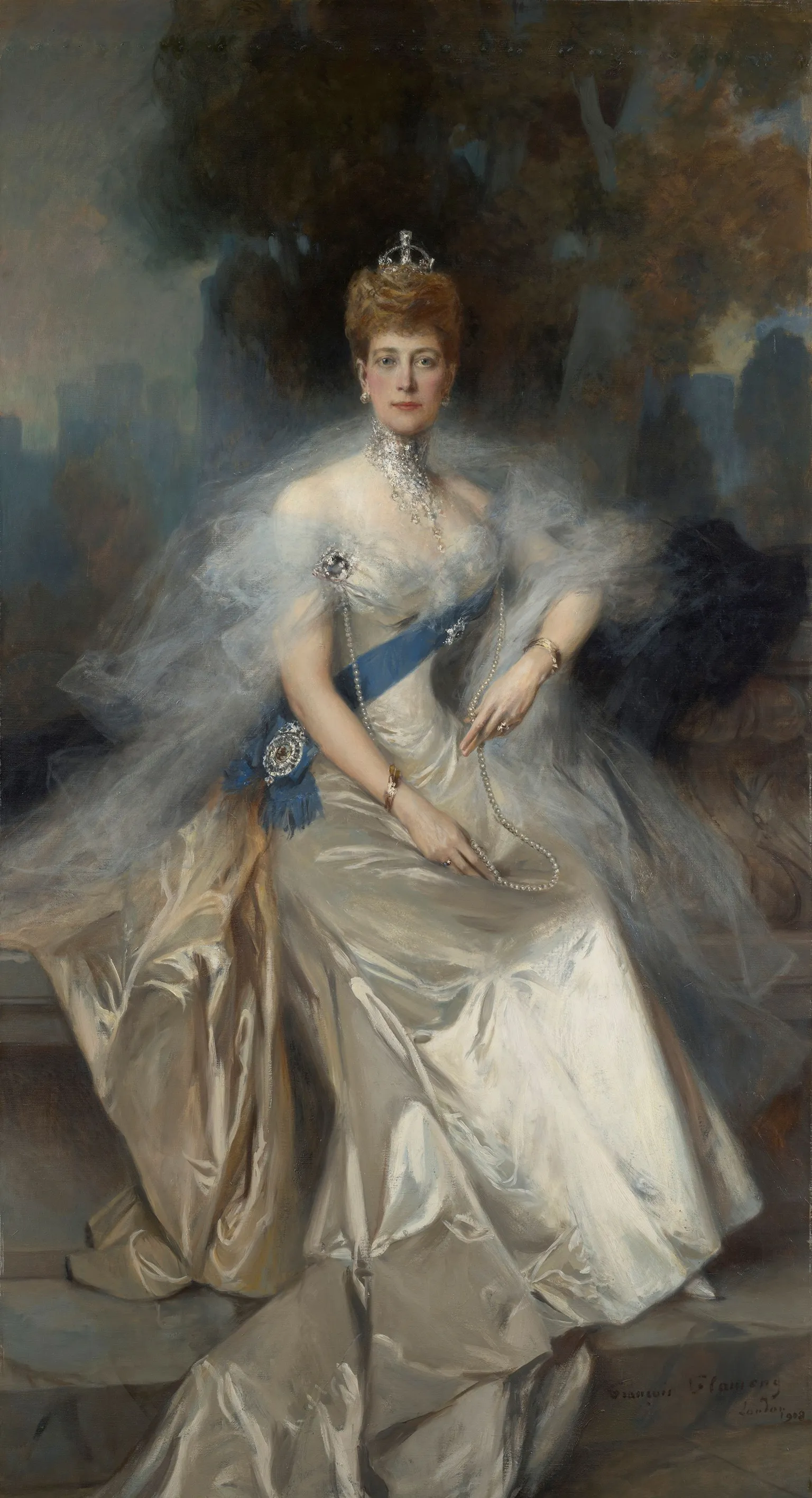 Royal Collection Enterprises Limited 2026 A painting of Queen Alexandra in a white dress from 1908.