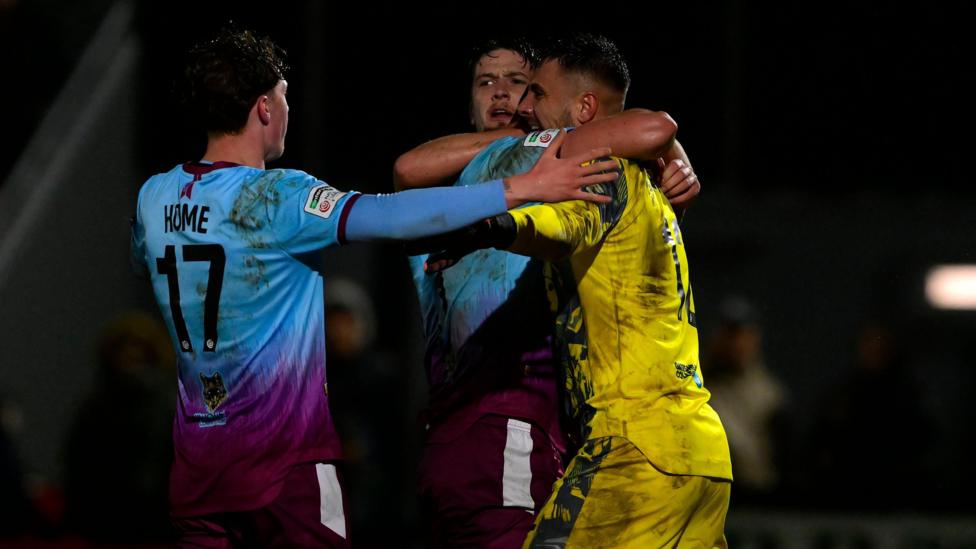 Gateshead players celebrate after winning at Truro in February