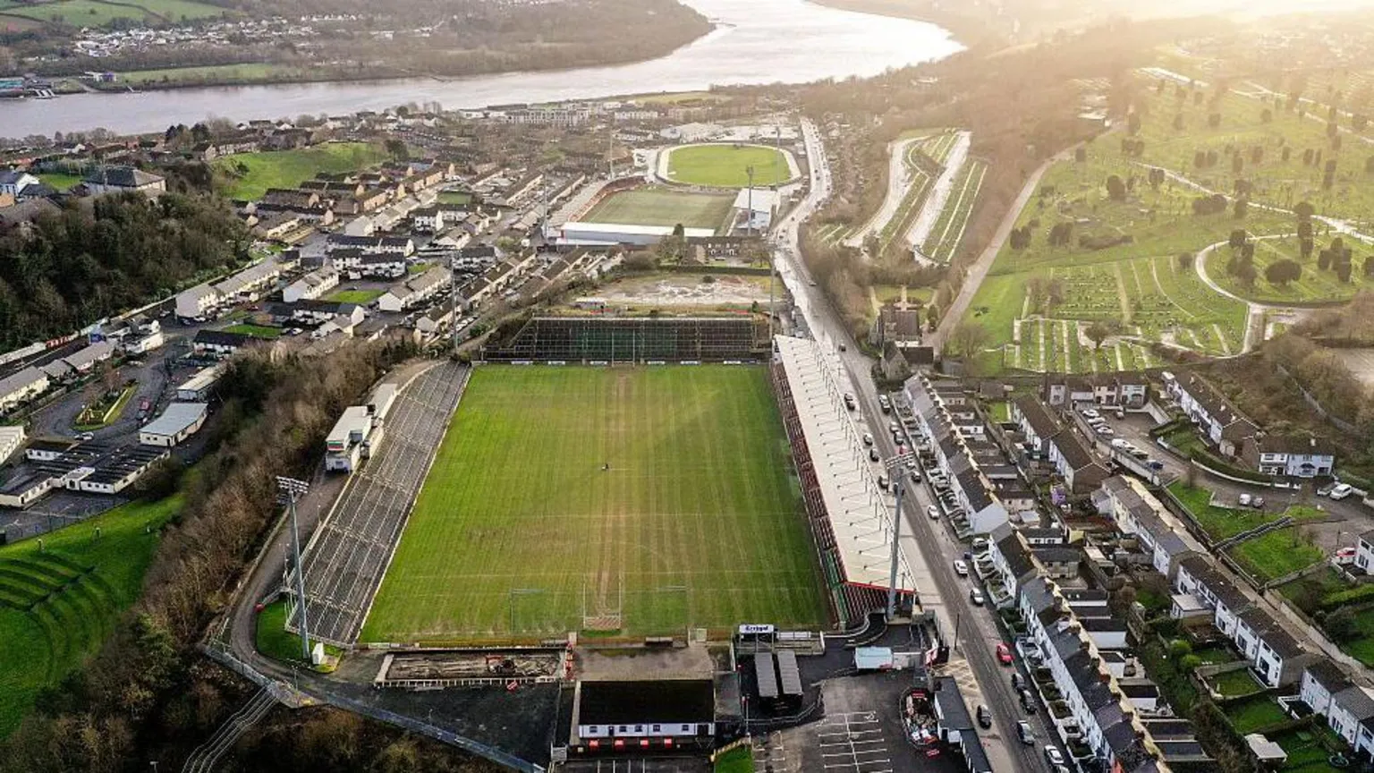 Getty An aerial shot of the Find Insurance Celtic Park and The Ryan McBride Brandywell Stadium. The two pitches are near the River Foyle and a large cemetery. 
