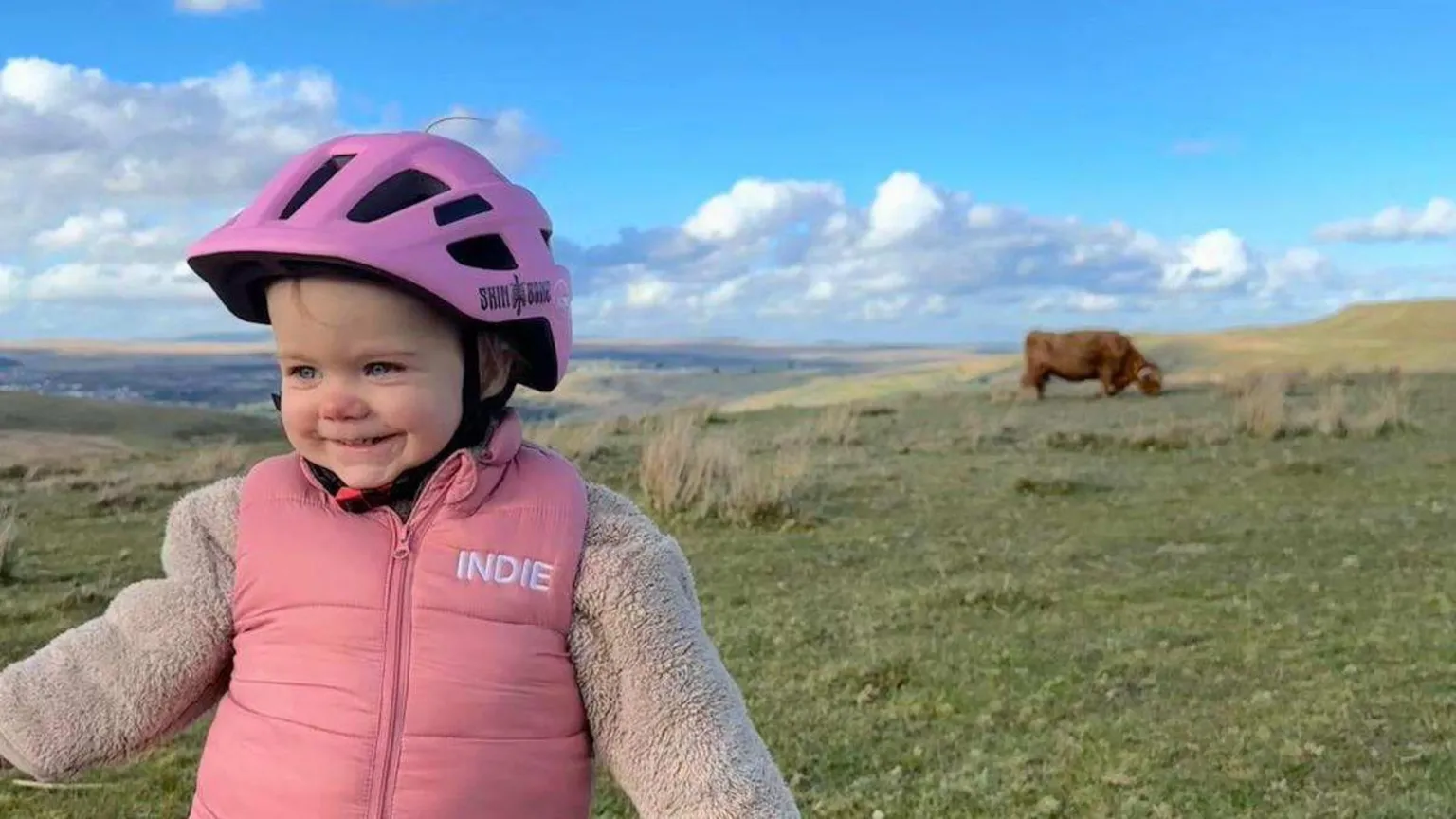 Gareth Williams A little toddler wearing a pink helmet, a fleece and pink body-warmer with her name 'Indie' on it in white writing. She's on a mountain with a brown highland cow in the background. The sky is bright blue with some white clouds. 