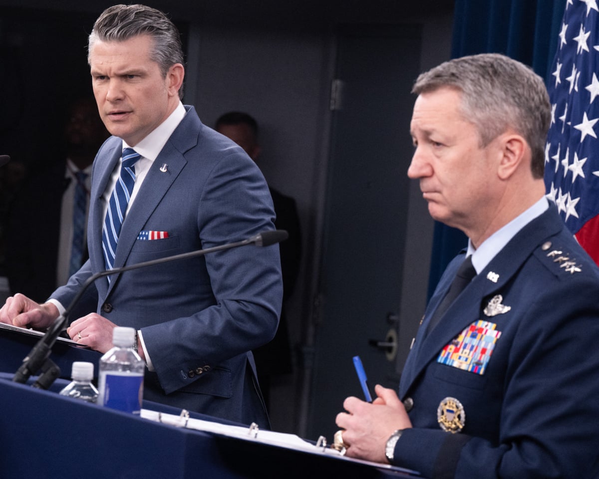 US secretary of defense Pete Hegseth speaks alongside chair of the Joint Chiefs of Staff gen Dan Caine during a press briefing at the Pentagon in Washington DC, on 16 April 2026.