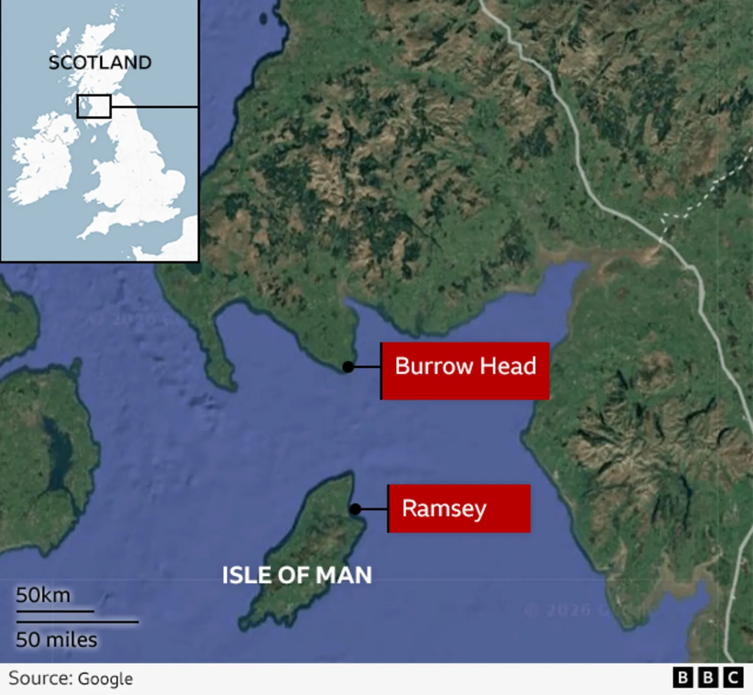 A map showing the locations the rowing club hopes to travel between - Burrow Head in southern Scotland and Ramsey on the Isle of Man
