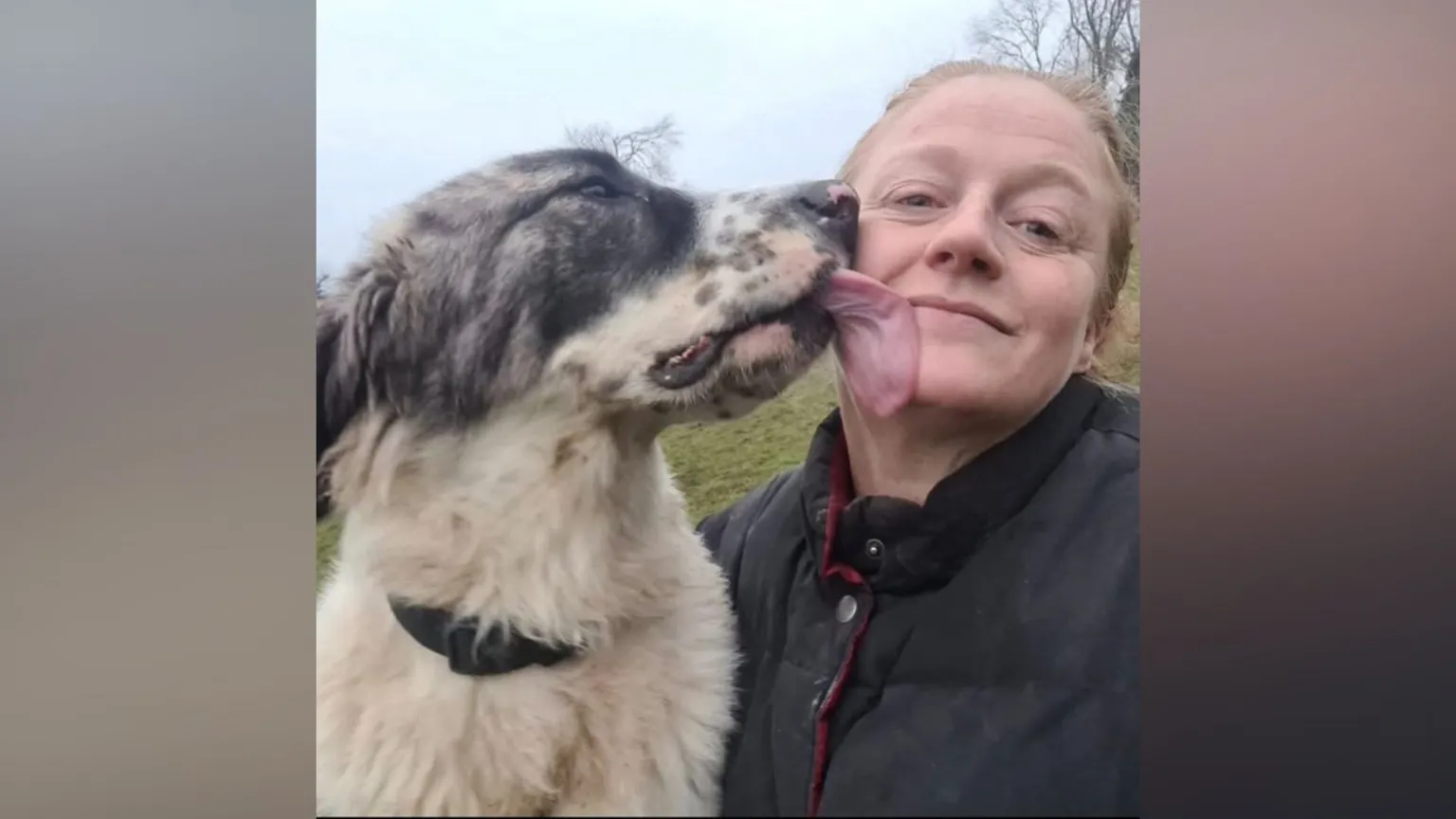 Teresa Underwood A close-up outdoor selfie showing a woman wearing a dark jacket while a large, fluffy dog with grey and white fur reaches up and licks the person’s cheek. Grass and trees are visible in the background.