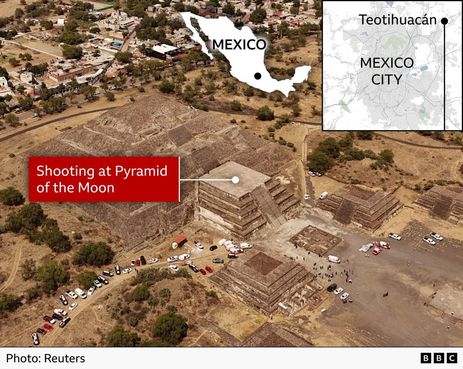 An aerial photo of the Pyramid of the Moon at Teotihuacán, with emergency and police vehicles gathered near the base and groups of people standing around the site. An inset map in the top right shows Teotihuacán’s location relative to Mexico City. 