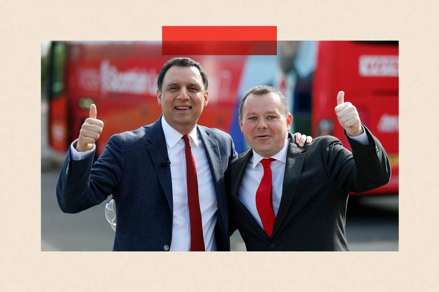  Scottish Labour Leader, Anas Sarwar, and Candidate for East Kilbride, Joe Fagan, pose for a photograph with their thumbs up.