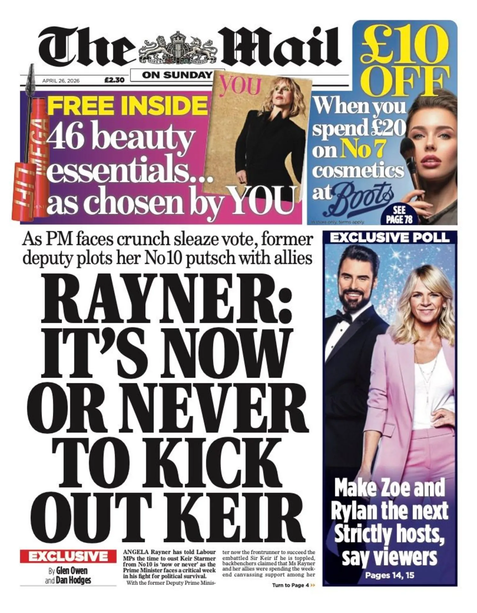 The headline on the front page of the Daily Mail reads: “Rayner: It's now or never to kick out Keir”.