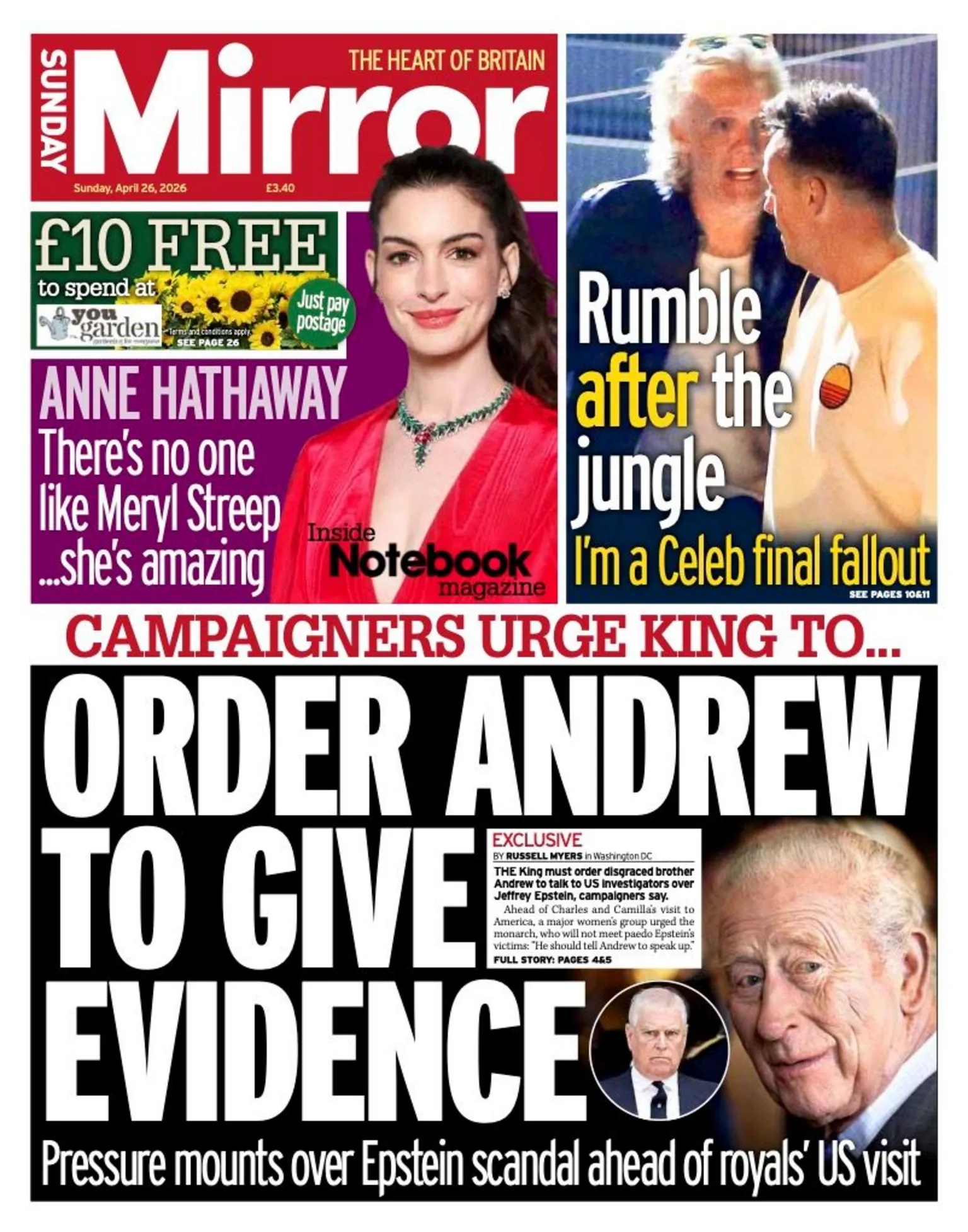The headline on the front page of the Mirror reads: “Order Andrew to give evidence”.