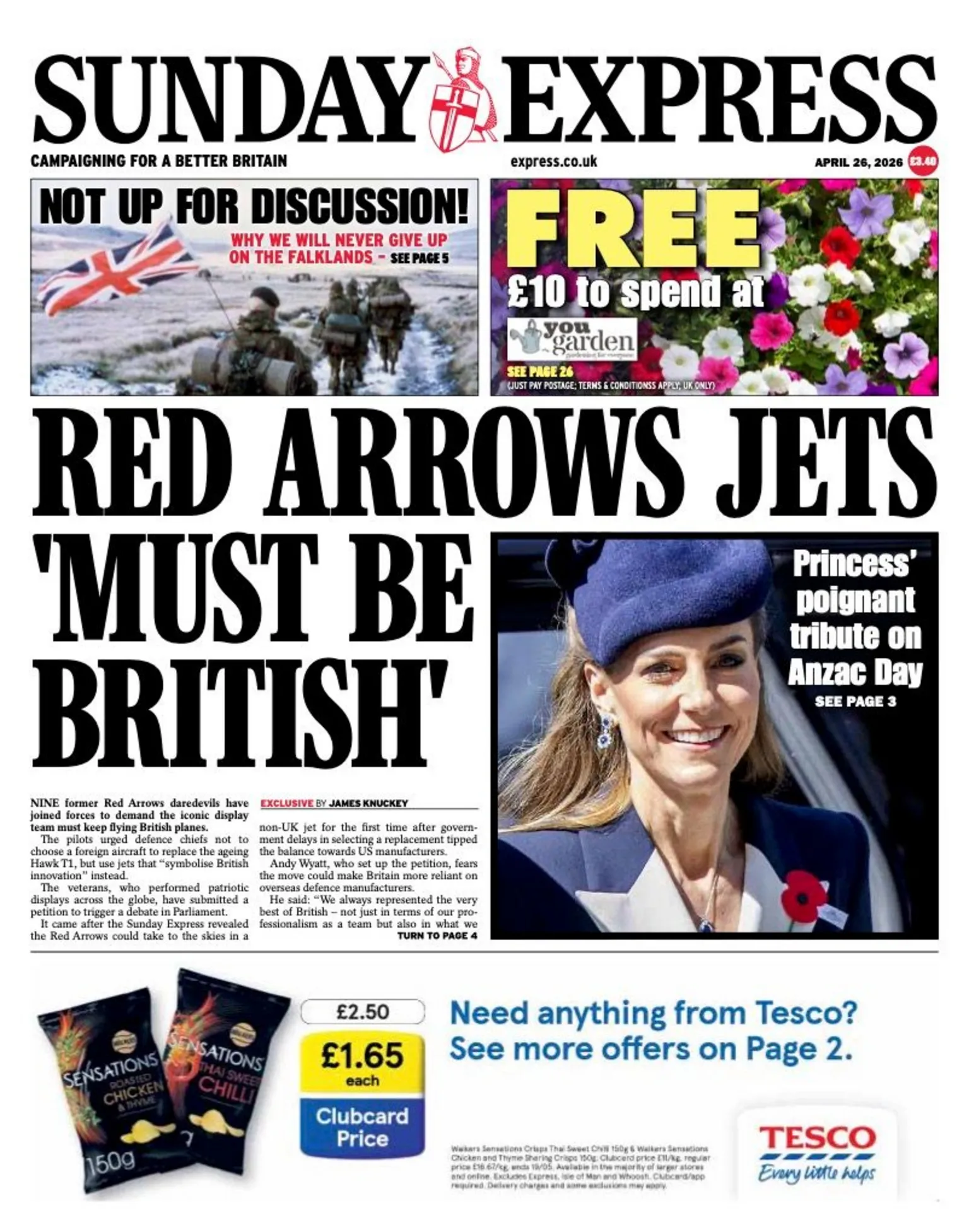 The headline on the front page of the Sunday Express reads: “Red arrows jets 'must be British'”.