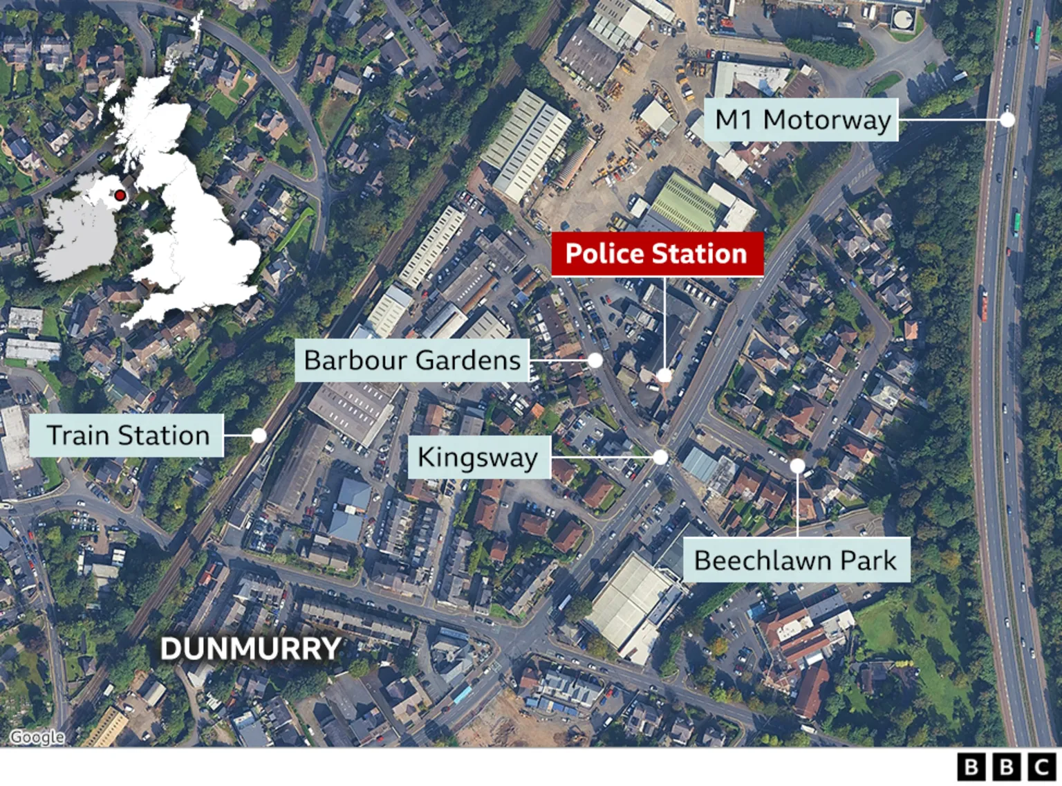 A map of the Dunmurry area taken from overhead, showing the location of the police station and otehr nearby streets.