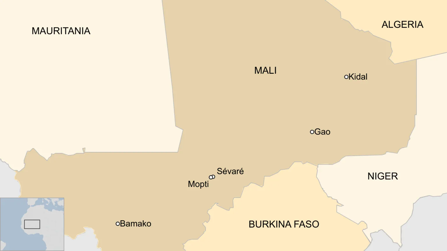 A map showing the locations of Bamako, Sevare, Mopti, Kidal and Gao in Mali, as well as neighbouring Burkina Faso, Niger, Algeria and Mauritania.