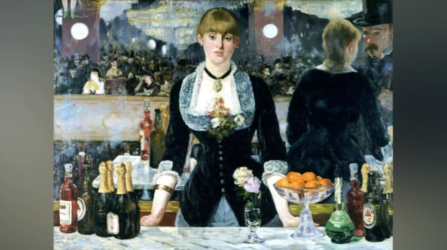 Pictures From History/ It depicts a scene in the Folies Bergère nightclub in Paris . The central figure stands before a mirror, surrounded by beer bottles and champagne.