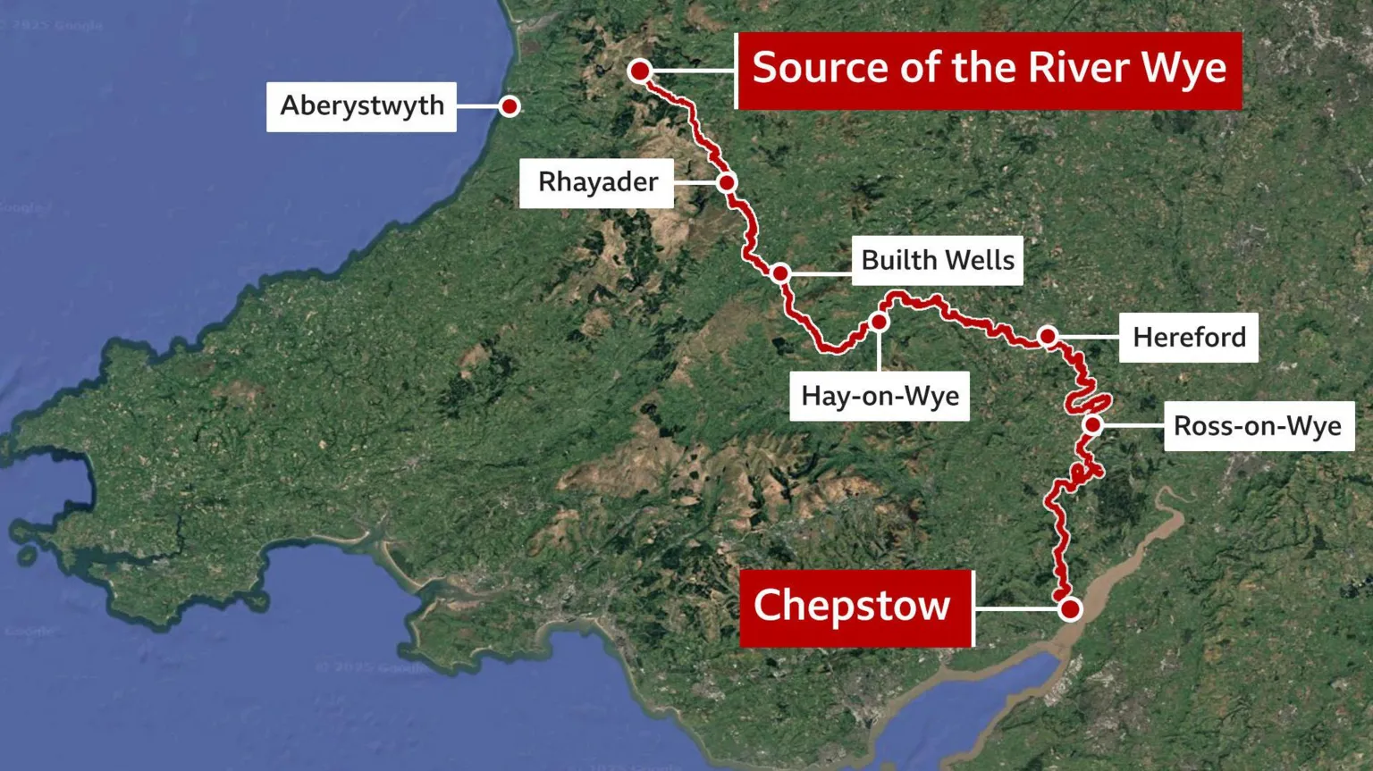 A satellite image of mid and south Wales and parts of the west of England, with a red line running from the west of Wales to the south east. In a red label it says 