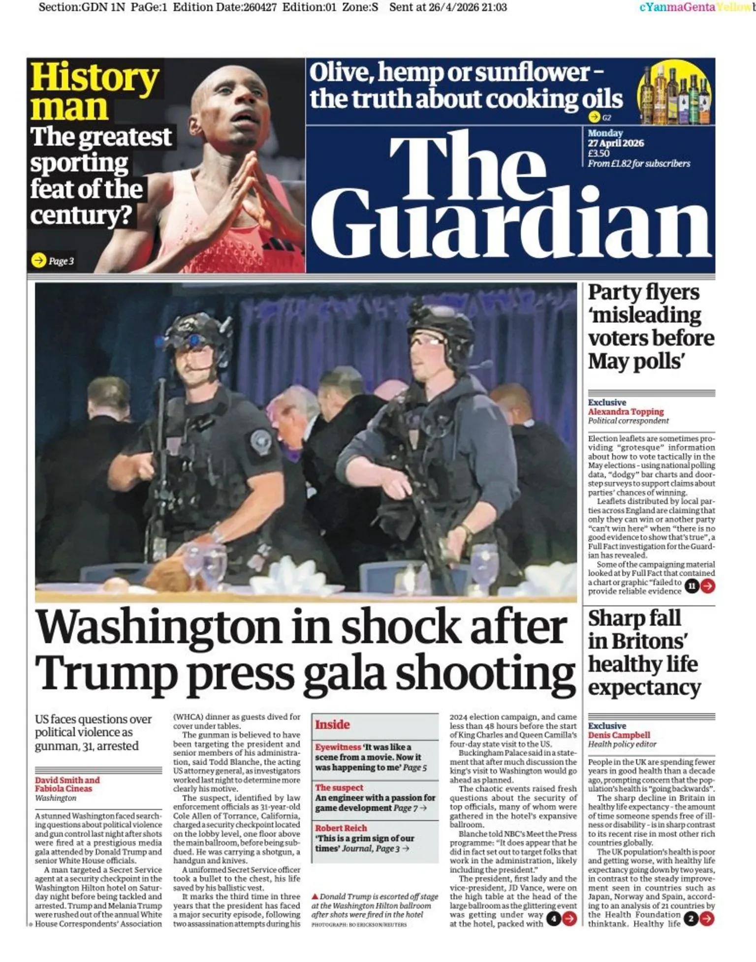The headline on the front page of is 'Washington in shock after Trump press gala shooting'. 