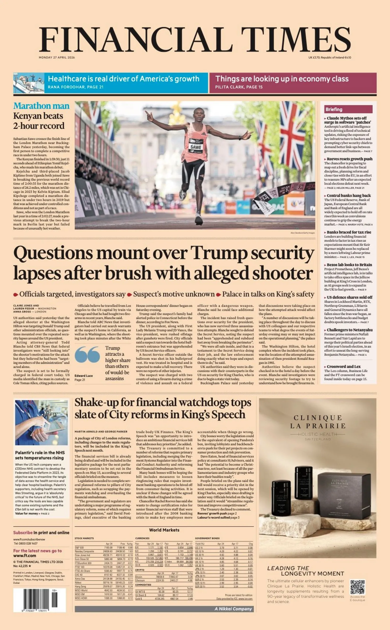 The headline on the Financial Times reads 'Questions mount over Trump security lapses after brush with alleged shooter'