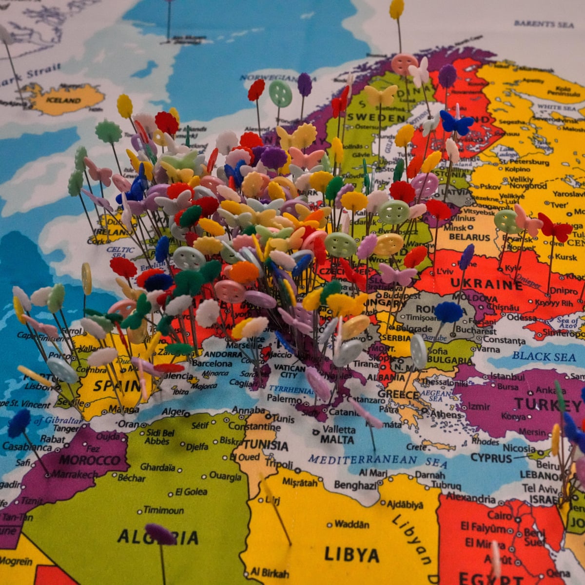 Pins placed by visitors on a map showing Europe and north Africa