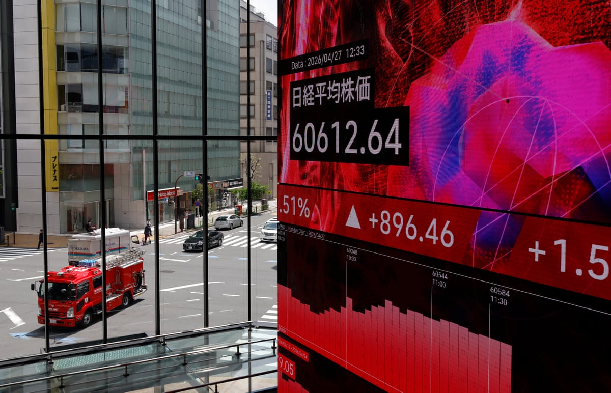A stock indicator board in Tokyo, Japan, where the Nikkei 225 index hit a new intraday high.
