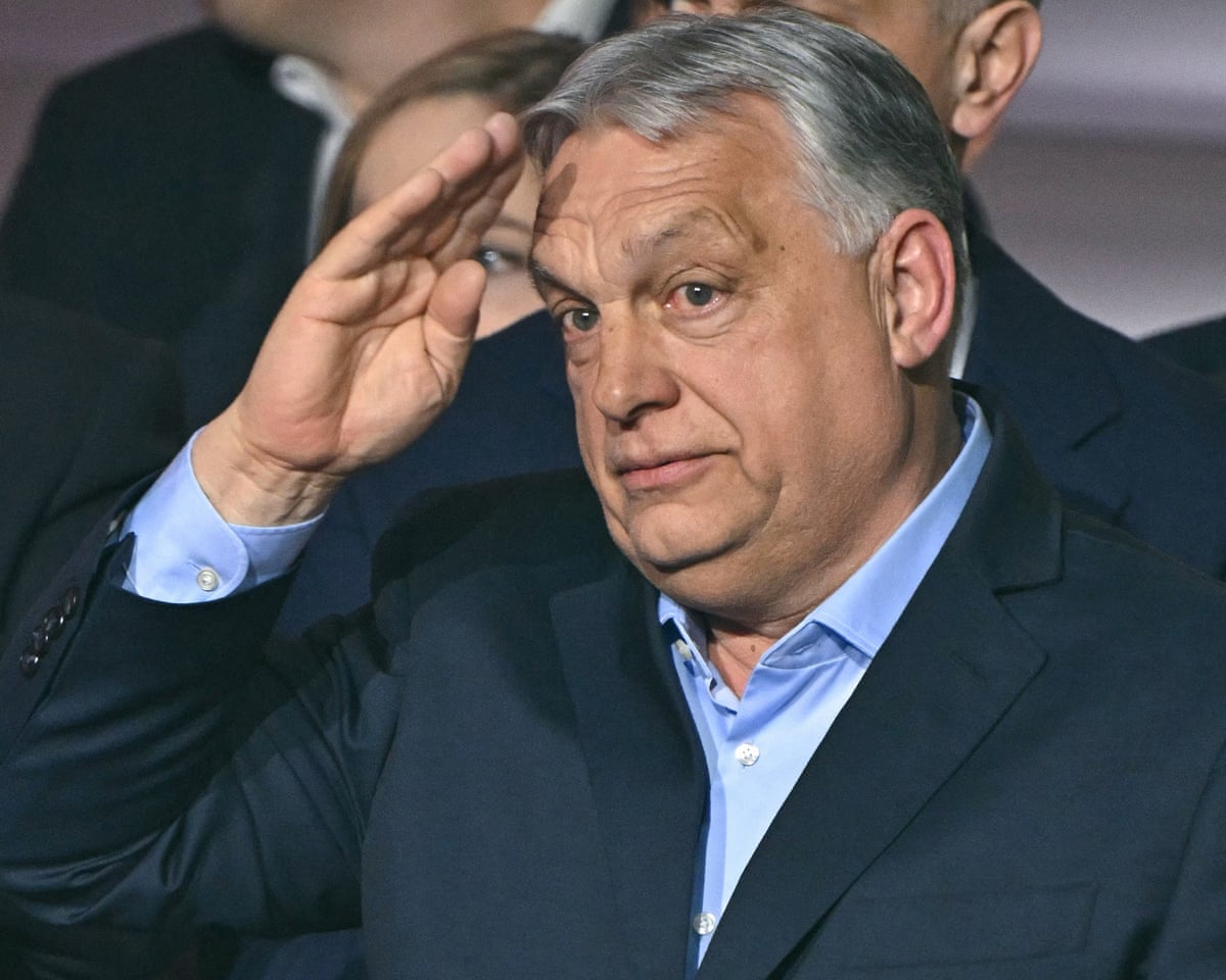 Hungary's prime minister Viktor Orbán salutes to supporters at the Balna centre on an election night in Budapest, Hungary.