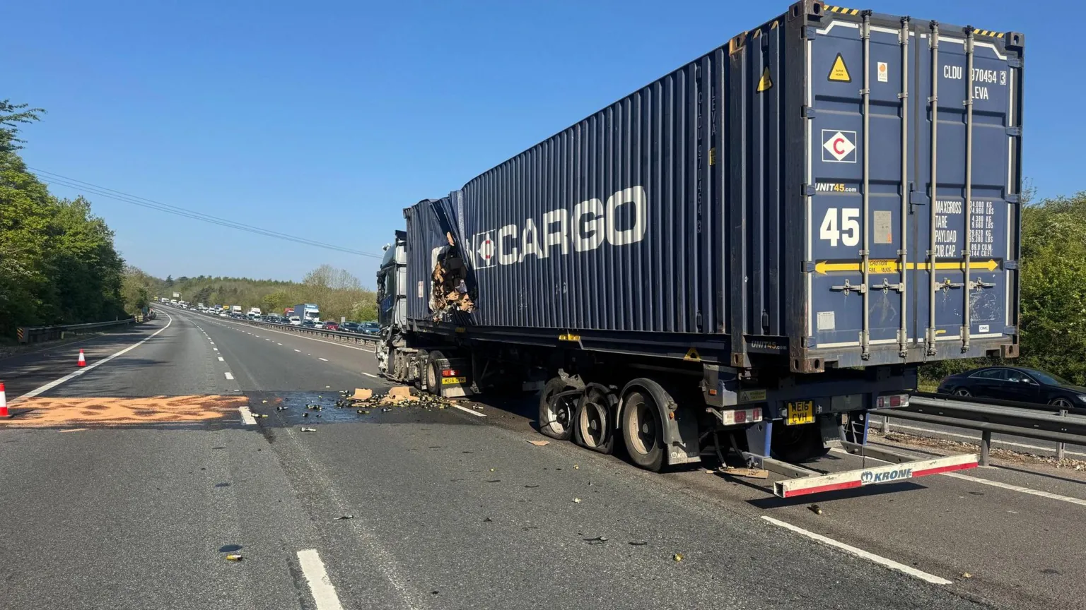 TVP Roads Policing Another view of the wine truck. Some sand is on the carriageway in this image, presumably to soak up the spill.