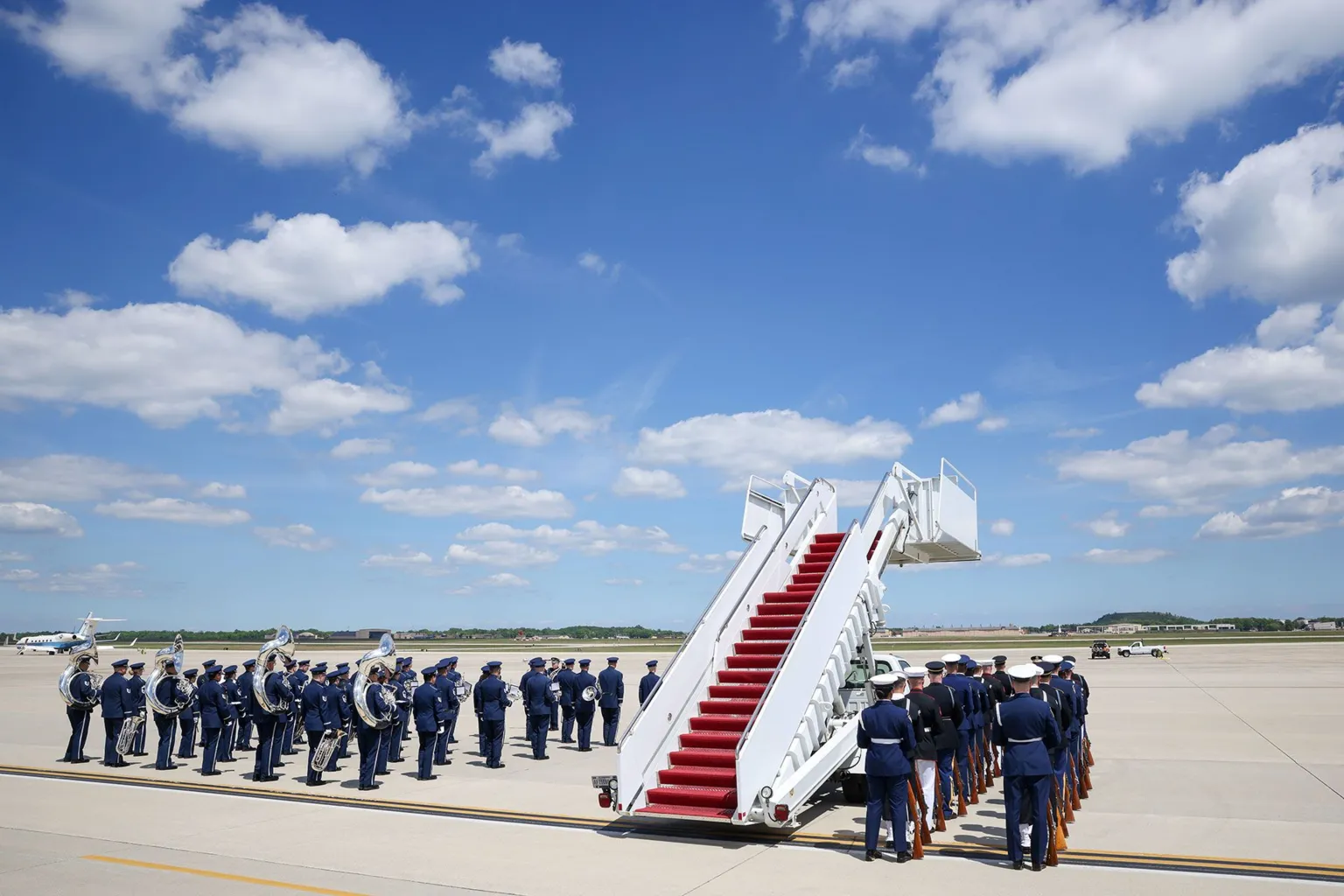  The U.S. Air Force band and military honor guard prepare ahead of the arrival of King Charles III and Queen Camilla on day one of the State Visit on April 27, 2026 at Joint Base Andrews, Maryland. 