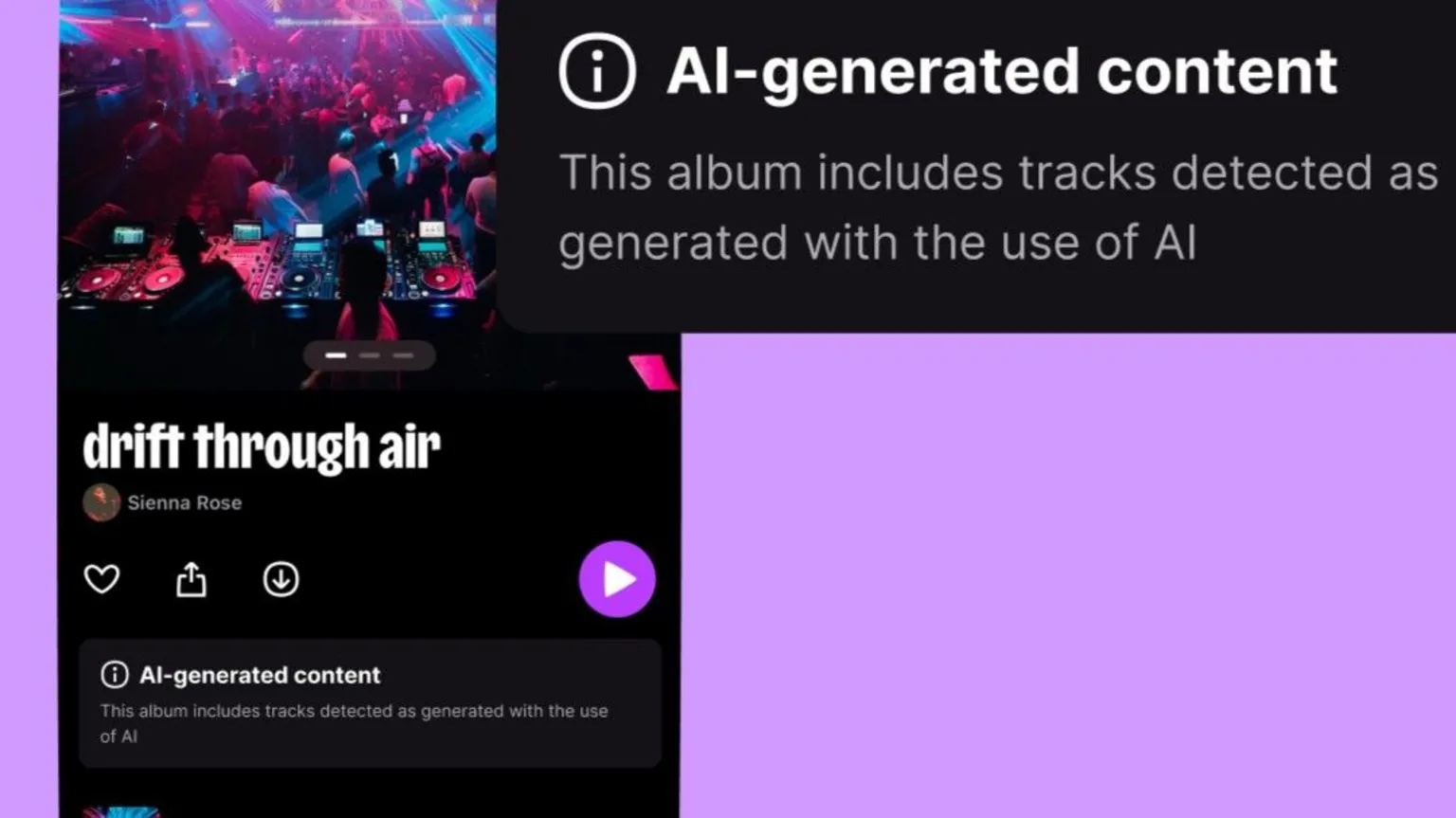 Deezer A picture of Deezer's app which highlights the tag telling users whether the music is AI generated