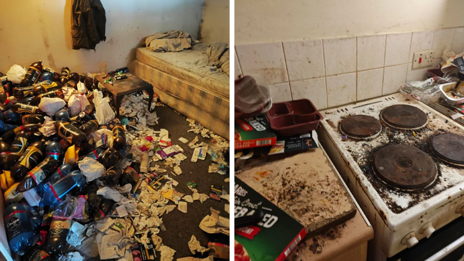 A split pic showing two different rooms in a rental property. On the left is a bedroom - the floor is almost covered in plastic bottles, packets and litter. On the right is a kitchen, with pizza boxes and other packets covering the worktops and the oven hob covered in dirt. 